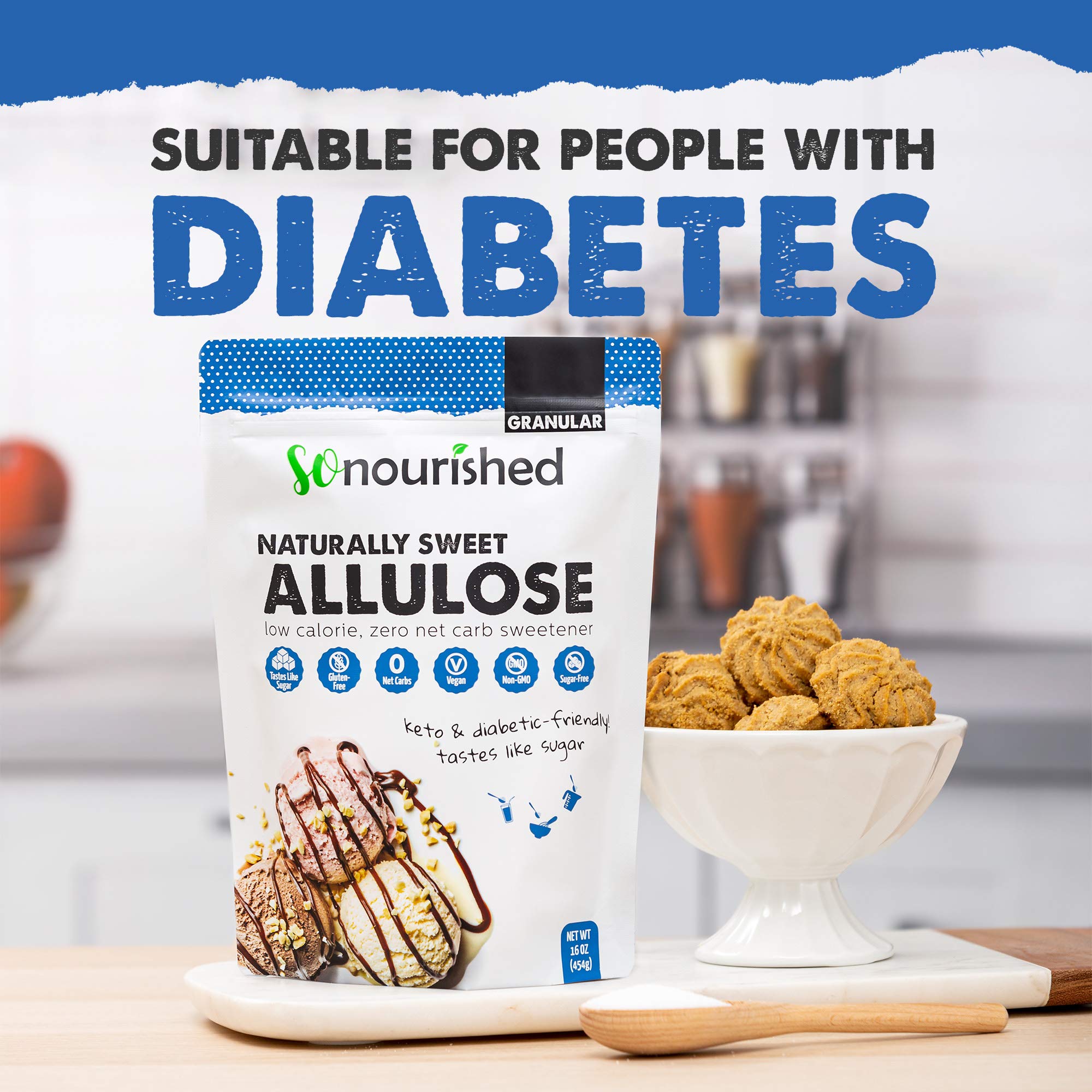 So Nourished Allulose-sweetener label shows non-GMO and vegan features