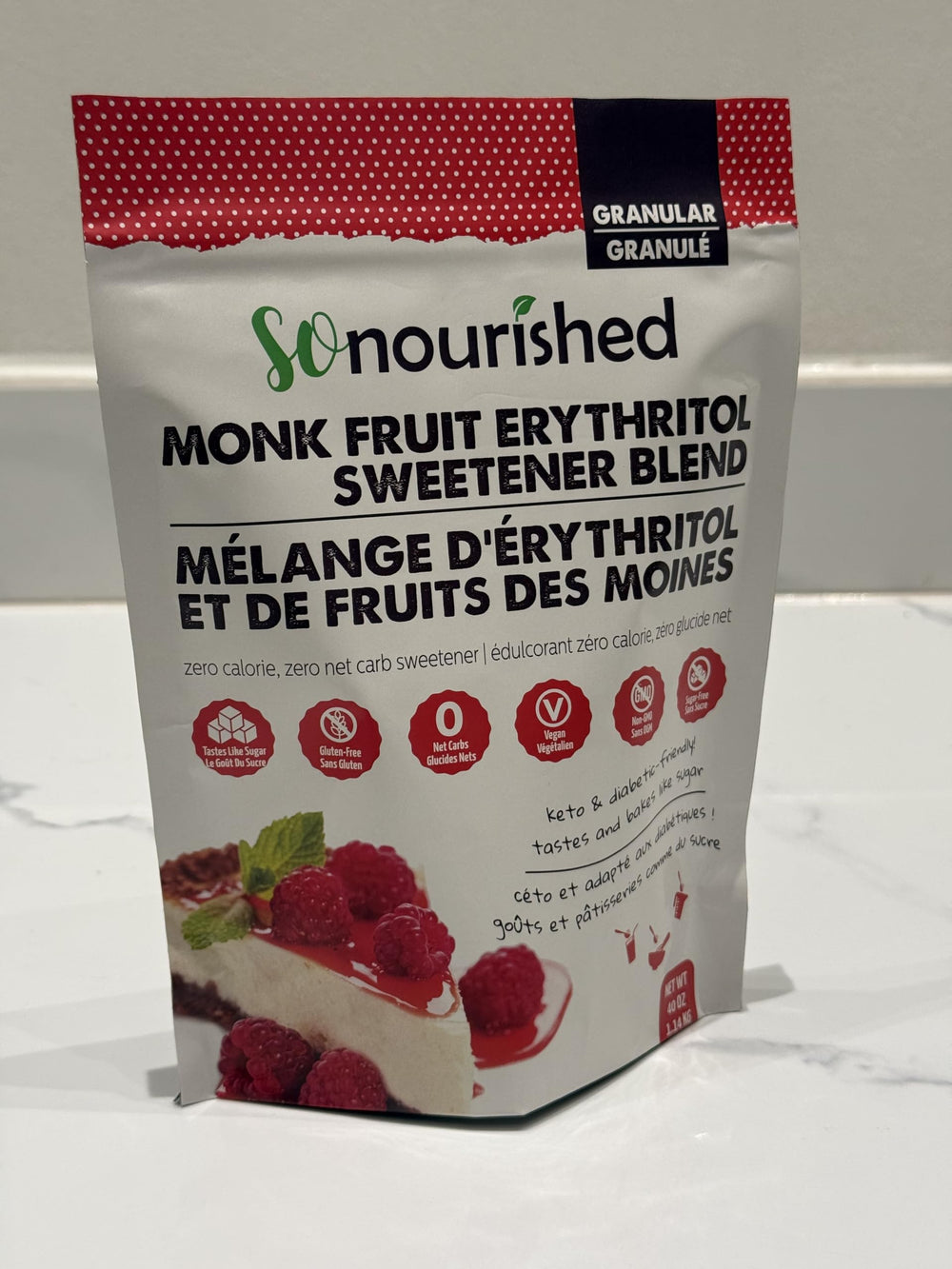 So Nourished Monk Fruit Sweetener with a cookie close-up, tasty sugar substitute.