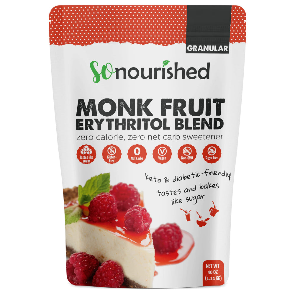 So Nourished Monk Fruit Sweetener granules bag closeup, zero calories per serving.