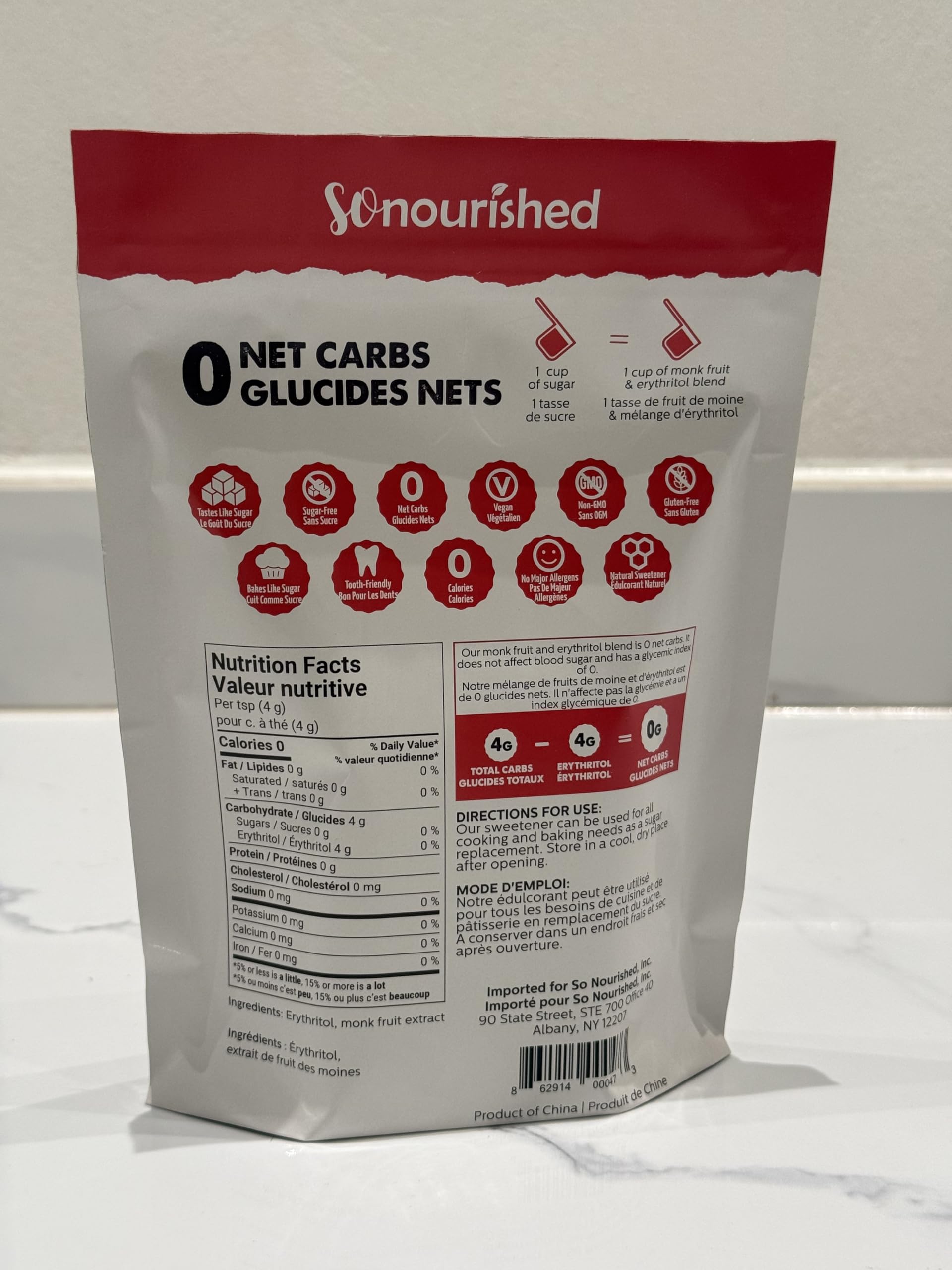 So Nourished Monk Fruit Sweetener packaging shows vegan and non-GMO traits.