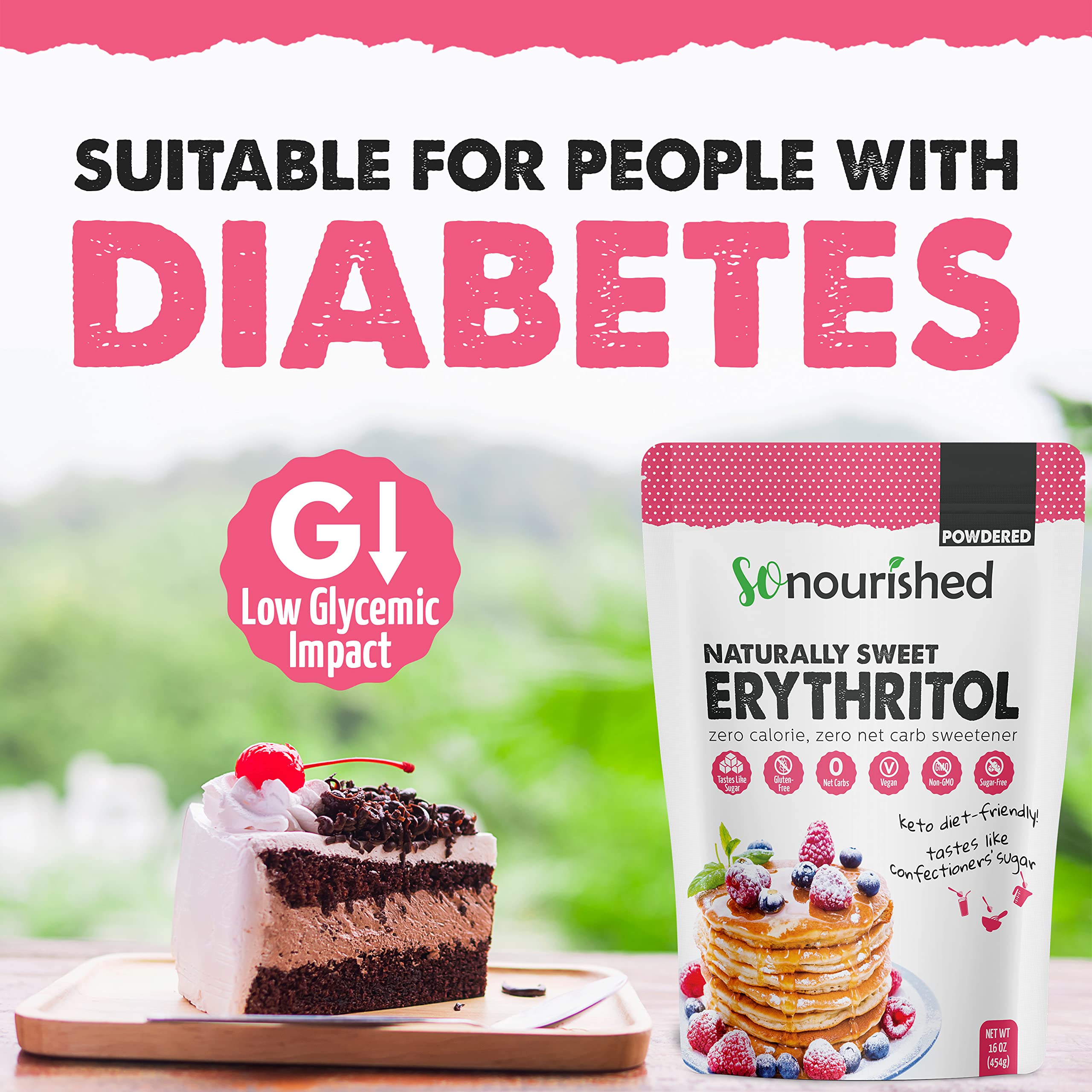 So Nourished erythritol closeup powder highlighting gluten-free, vegan, non-GMO benefits