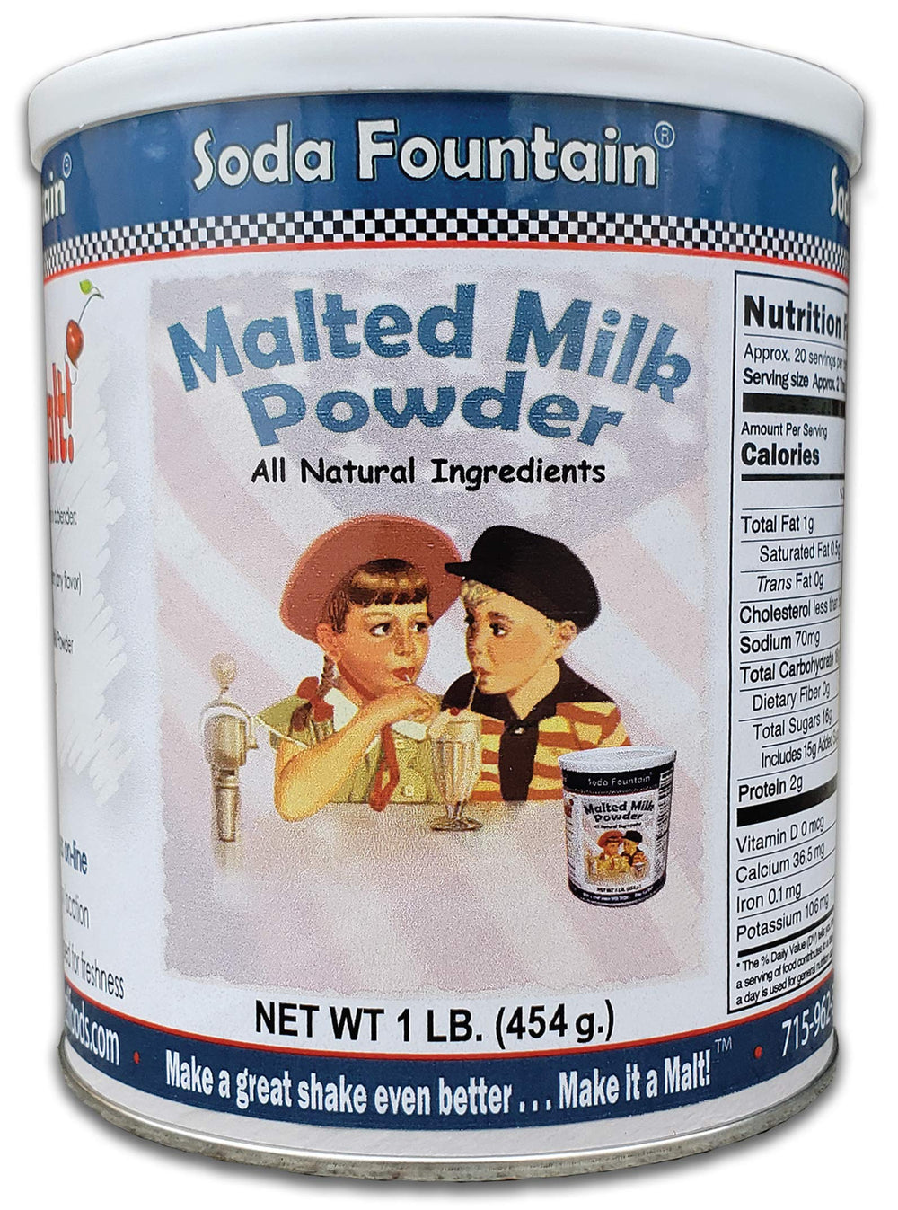 Soda Fountain Malted Milk Powder 1lb canister label highlighting authentic flavor potential