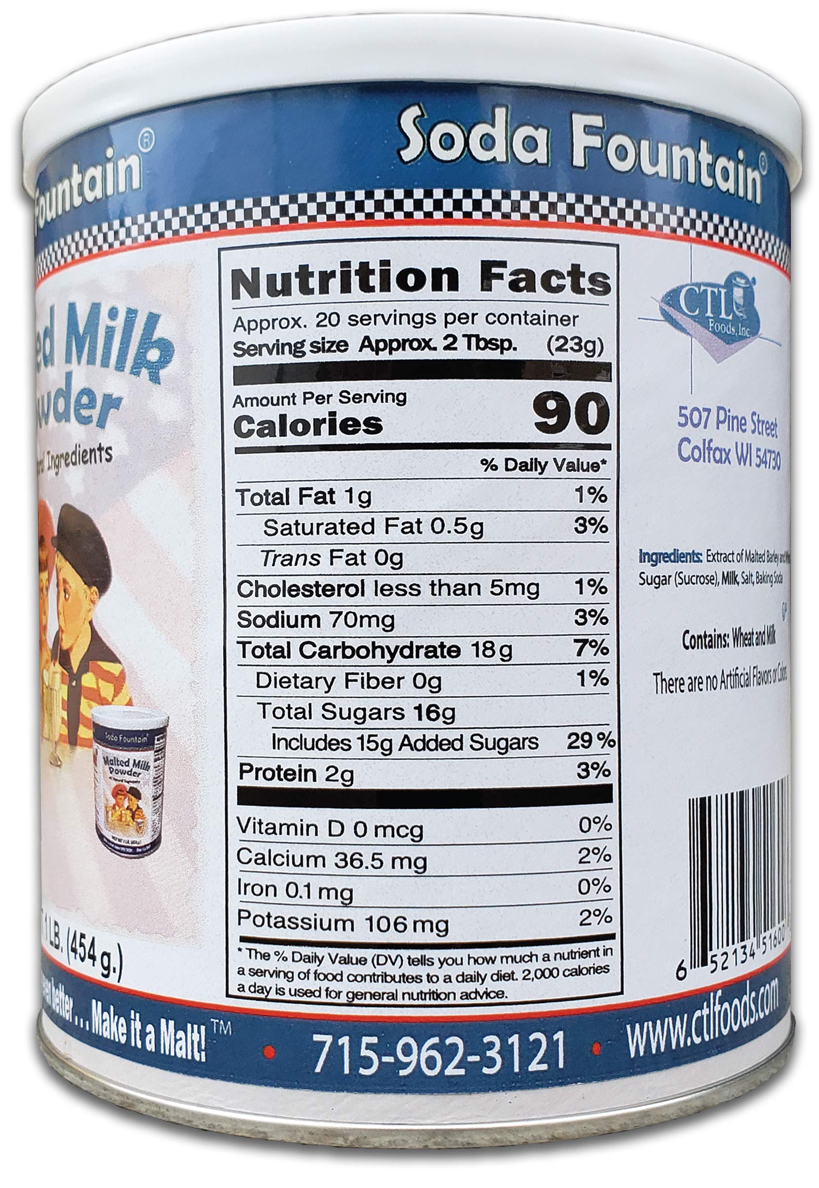 Soda Fountain Malted Milk Powder tub closeup shows resealable lid for freshness
