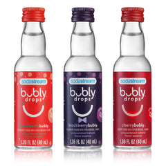 Sodastream Bubly Drops Berry Bliss collection label showing flavor variety for home mixing