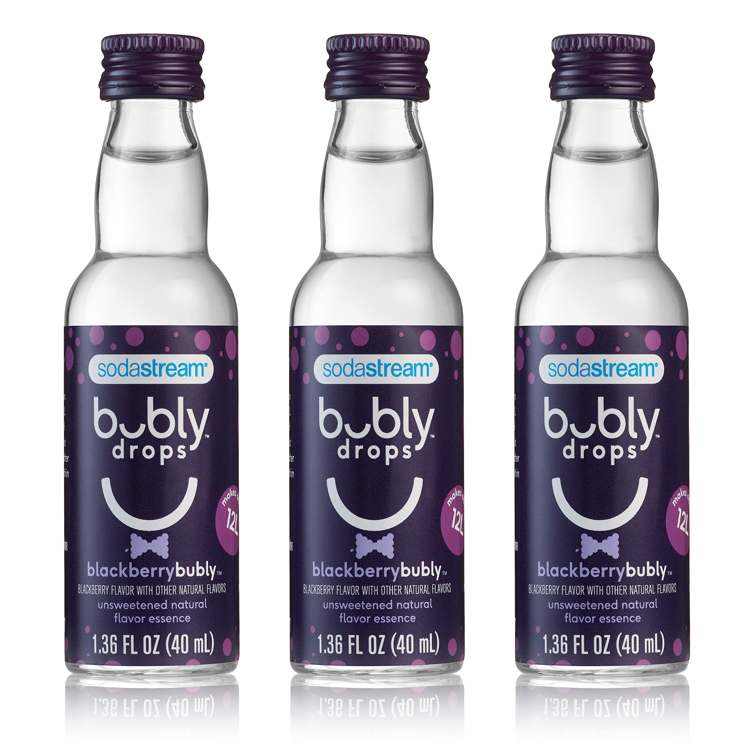 SodaStream Bubly Drops Blackberry bottle close-up highlighting unsweetened flavor for zero-calorie seltzer