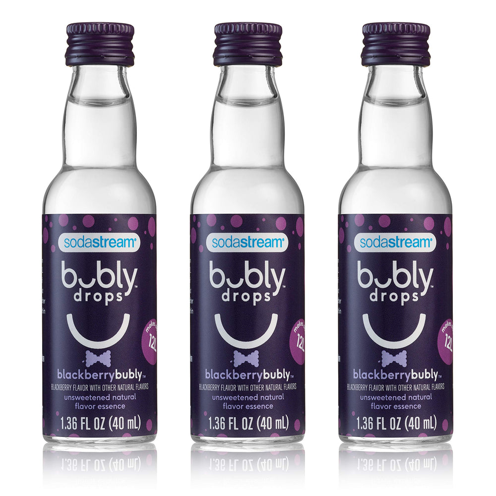SodaStream Bubly Drops Blackberry bottle close-up highlighting unsweetened flavor for zero-calorie seltzer