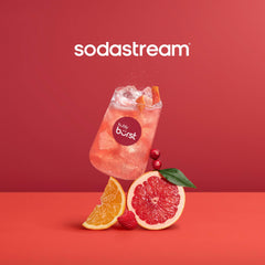 Sodastream Bubly Drops blackberry bottle with glass of sparkling water.