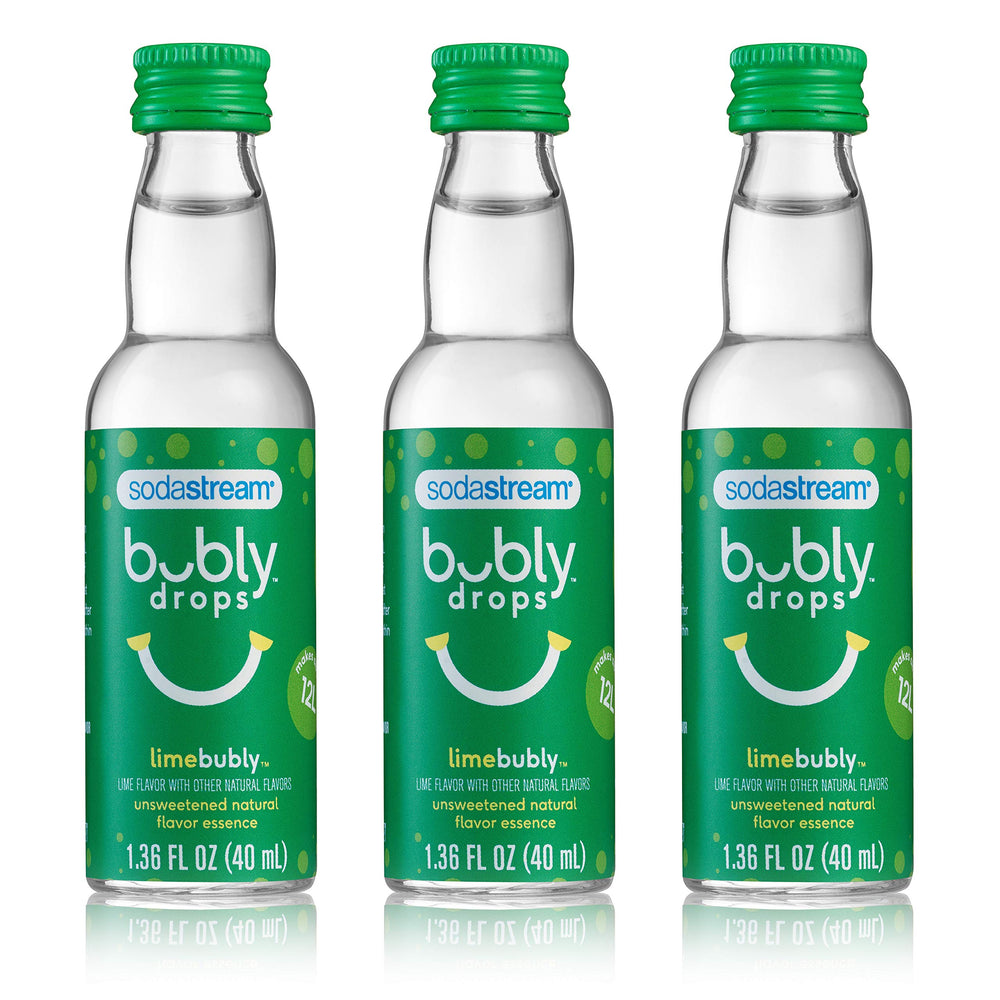 SodaStream bubly Drops Lime bottle front with three-pack packaging for home sparkling water