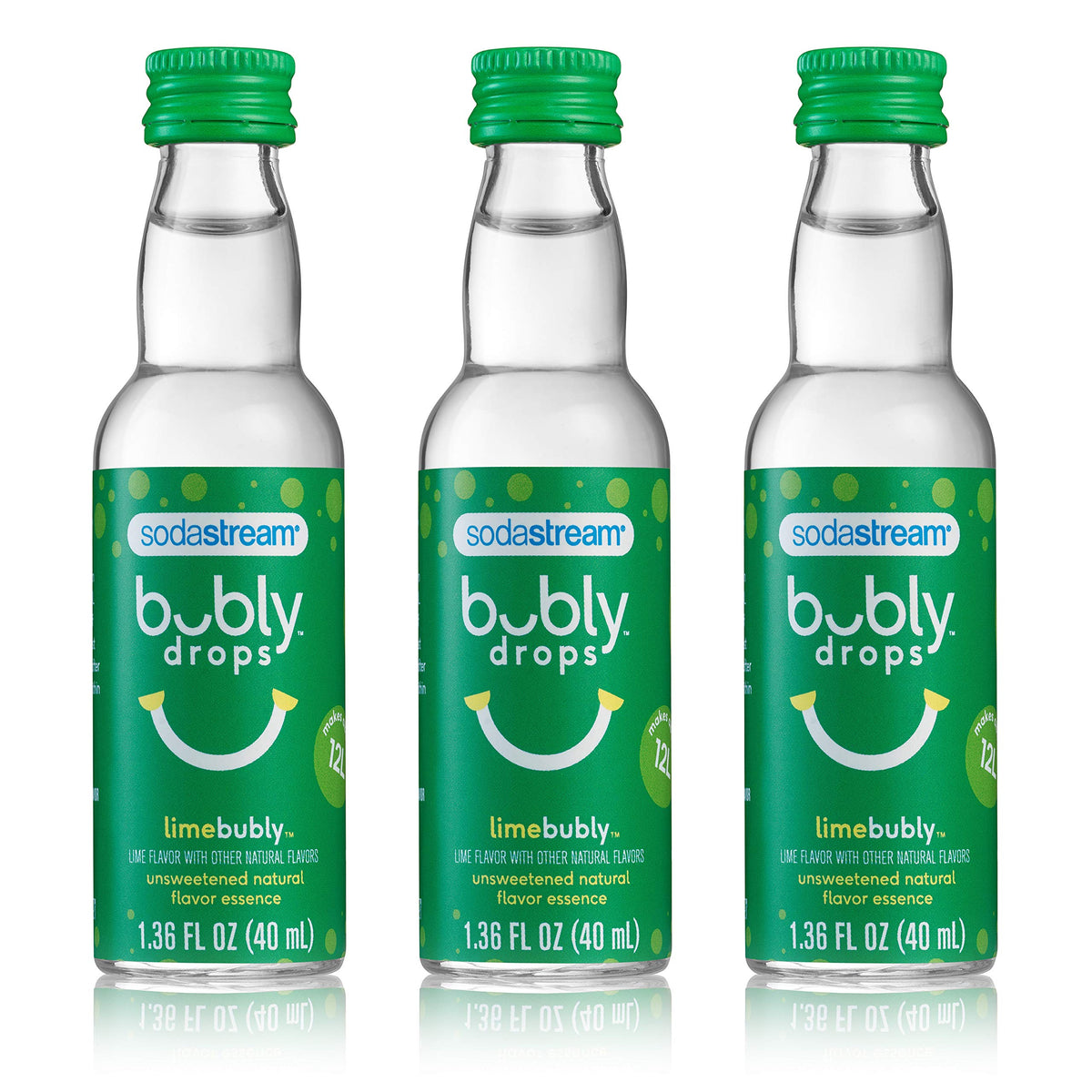 SodaStream bubly Drops Lime bottle front with three-pack packaging for home sparkling water