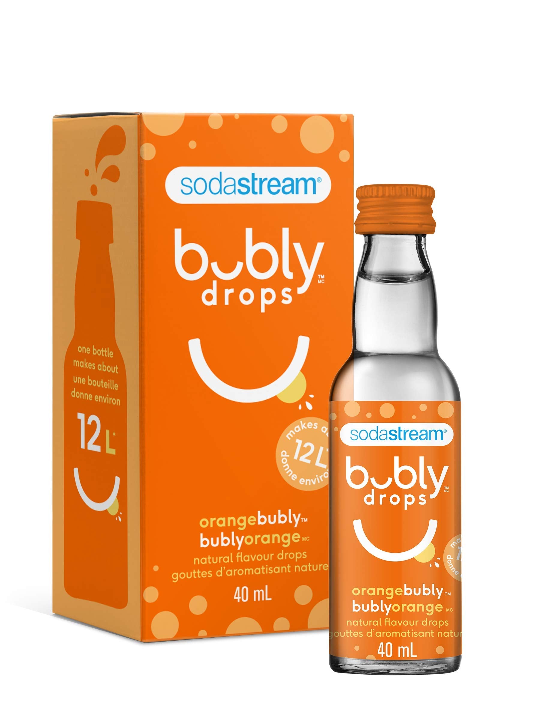 Sodastream Bubly Drops Orange label closeup showing flavor concentrate