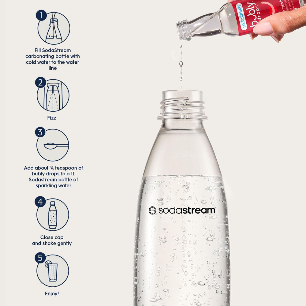 Sodastream Bubly Drops packaging with label highlighting flavor variety
