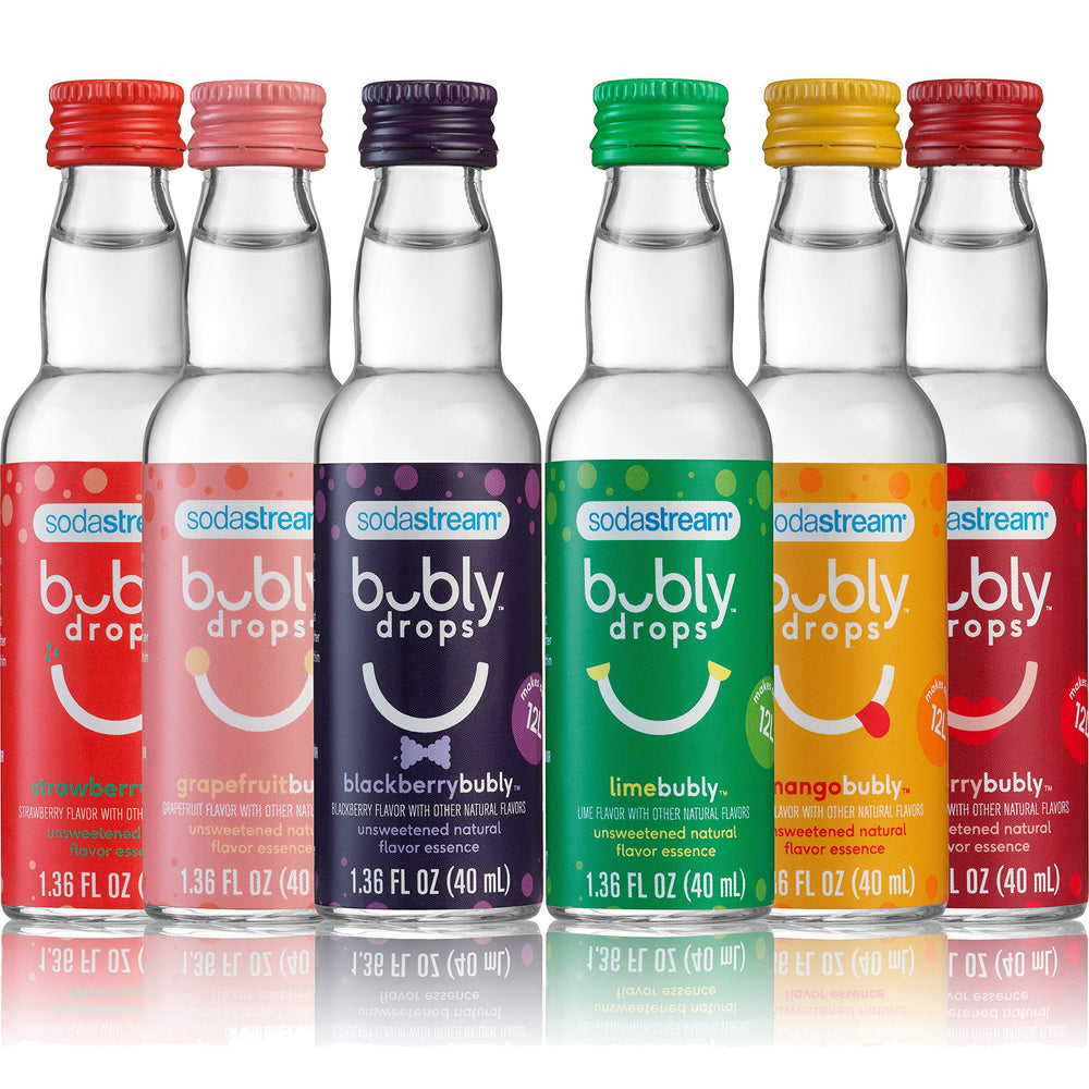 Sodastream Bubly Drops strawberry bottle close-up for zero-calorie sparkling water.