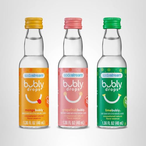 Sodastream Bubly Drops tropical thrill tasting setup showcasing three flavors