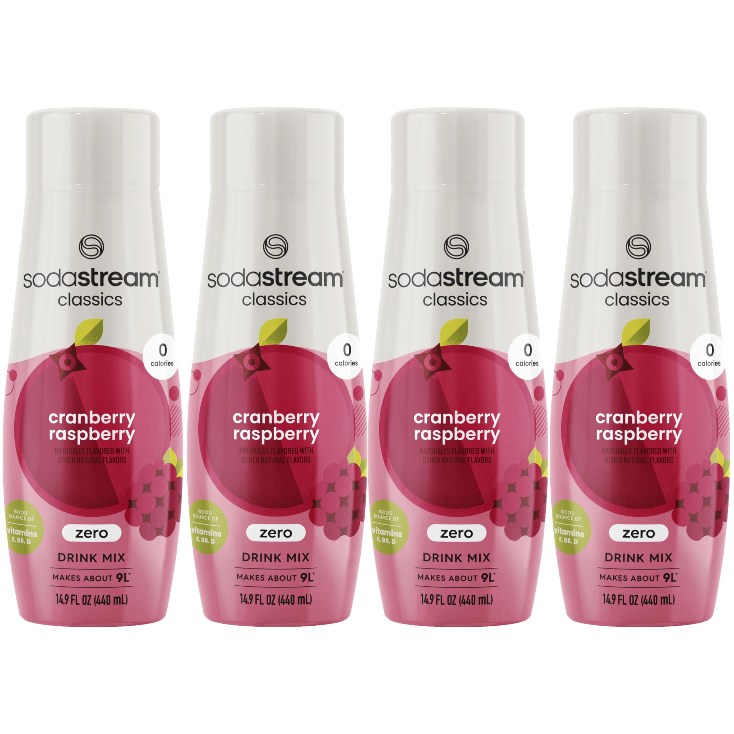 Sodastream Cranberry Raspberry Zero Calorie bottle on kitchen counter for calorie-free refreshment.