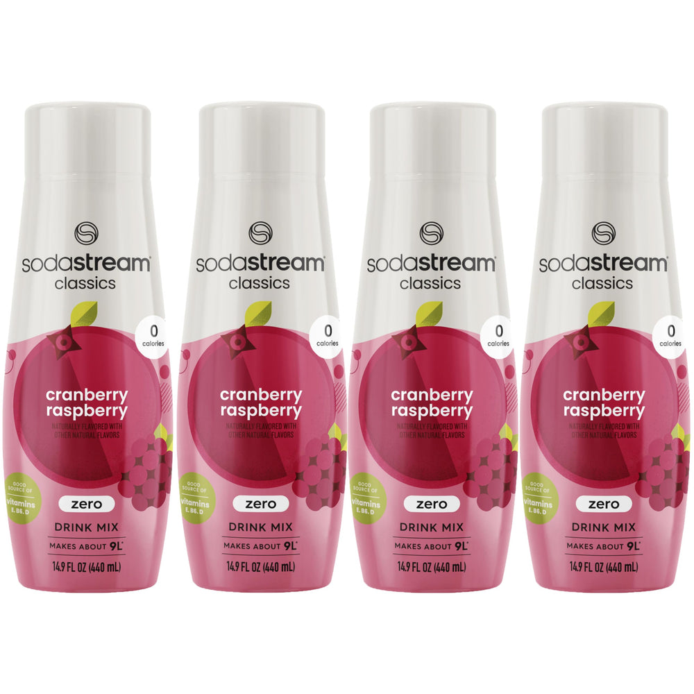 Sodastream Cranberry Raspberry Zero Calorie bottle on kitchen counter for calorie-free refreshment.