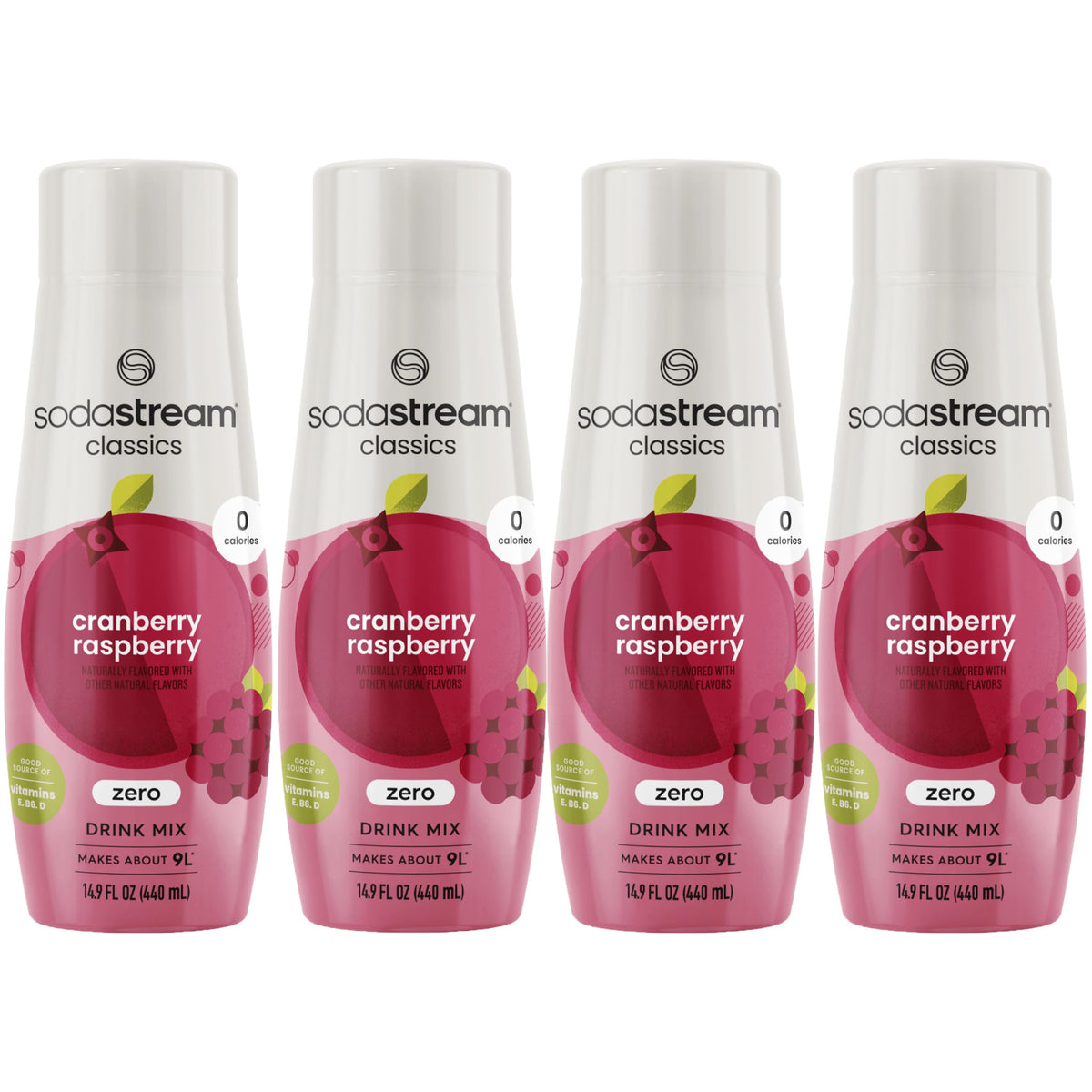 Sodastream Cranberry Raspberry Zero Calorie bottle on kitchen counter for calorie-free refreshment.