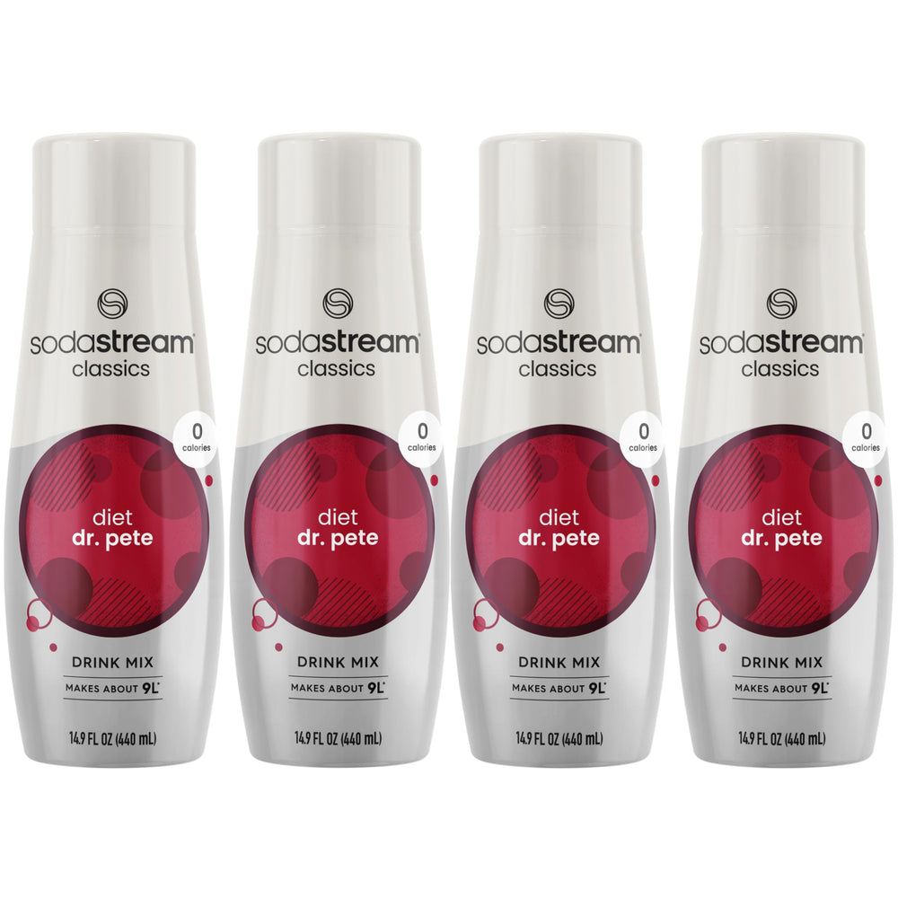 SodaStream Diet Dr Pete bottle on stand, zero-calorie flavor option.