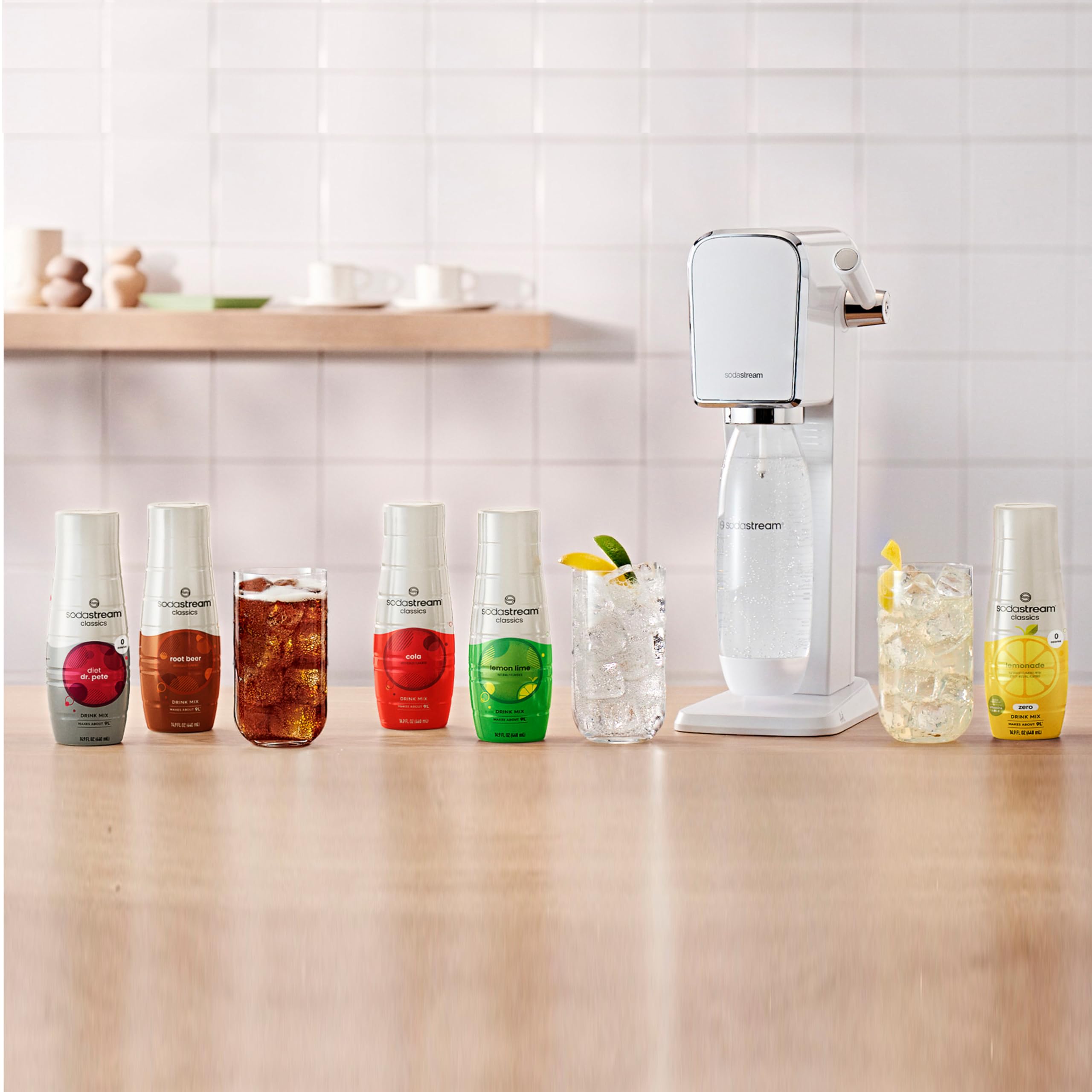 Countertop setup featuring SodaStream equipment and Diet Dr Pete for easy home mixing.