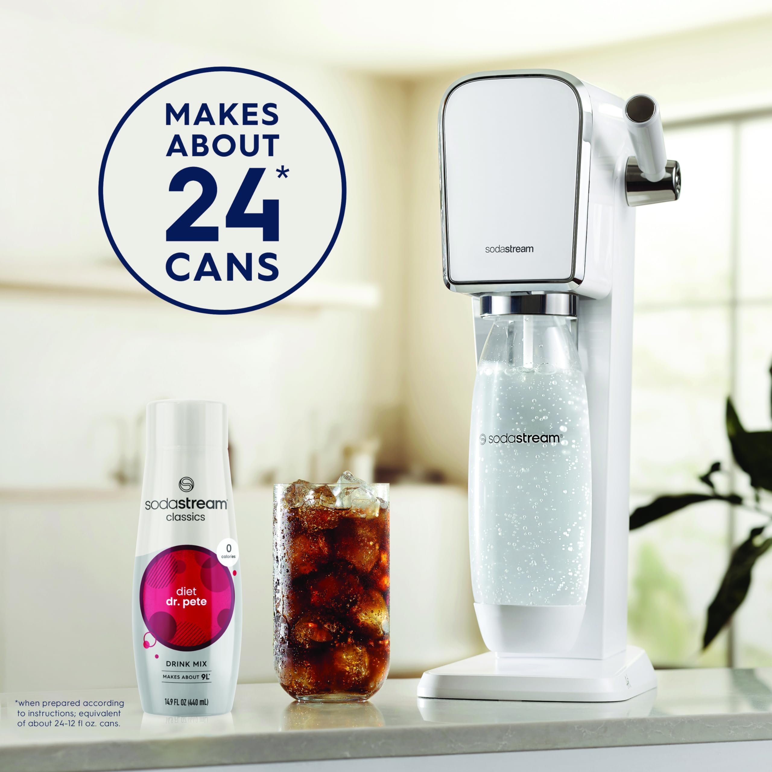 SodaStream Diet Dr Pete four-pack on a kitchen counter, ready for gatherings.