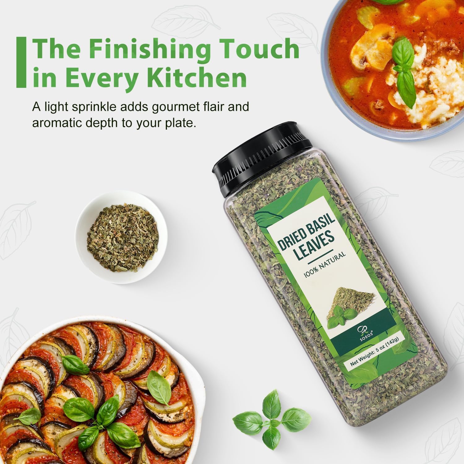 Soeos dried basil leaves deliver sweet aroma to salads and marinades.