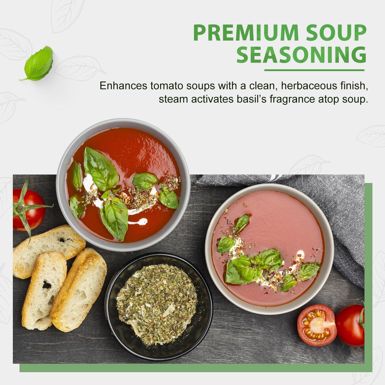 Soeos basil leaves for pesto and marinara to enhance savory notes.