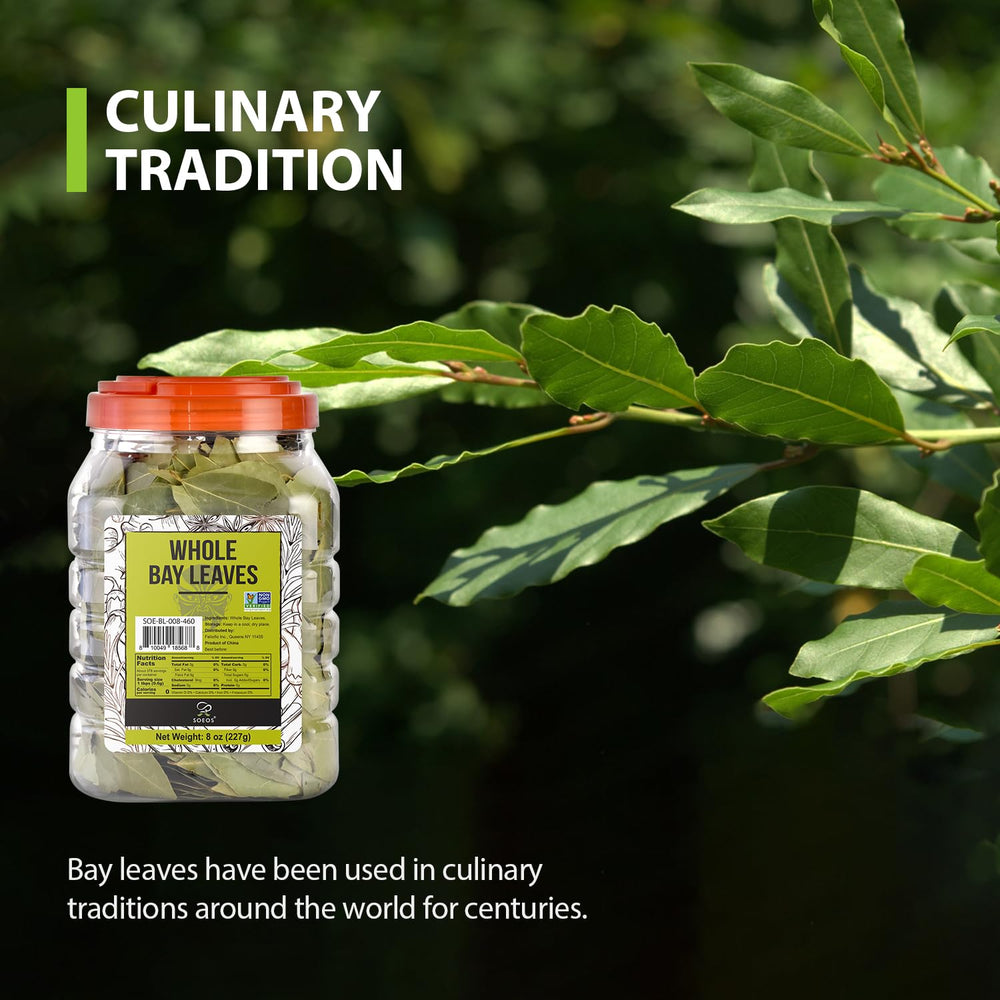 Soeos Bay Leaves on a spice rack enhancing everyday meals.