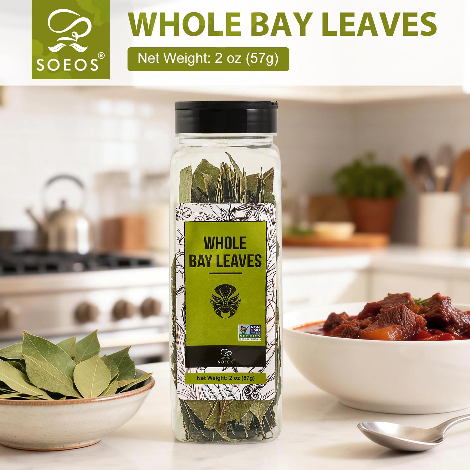 Soeos Bay Leaves storage jar in pantry for easy access.