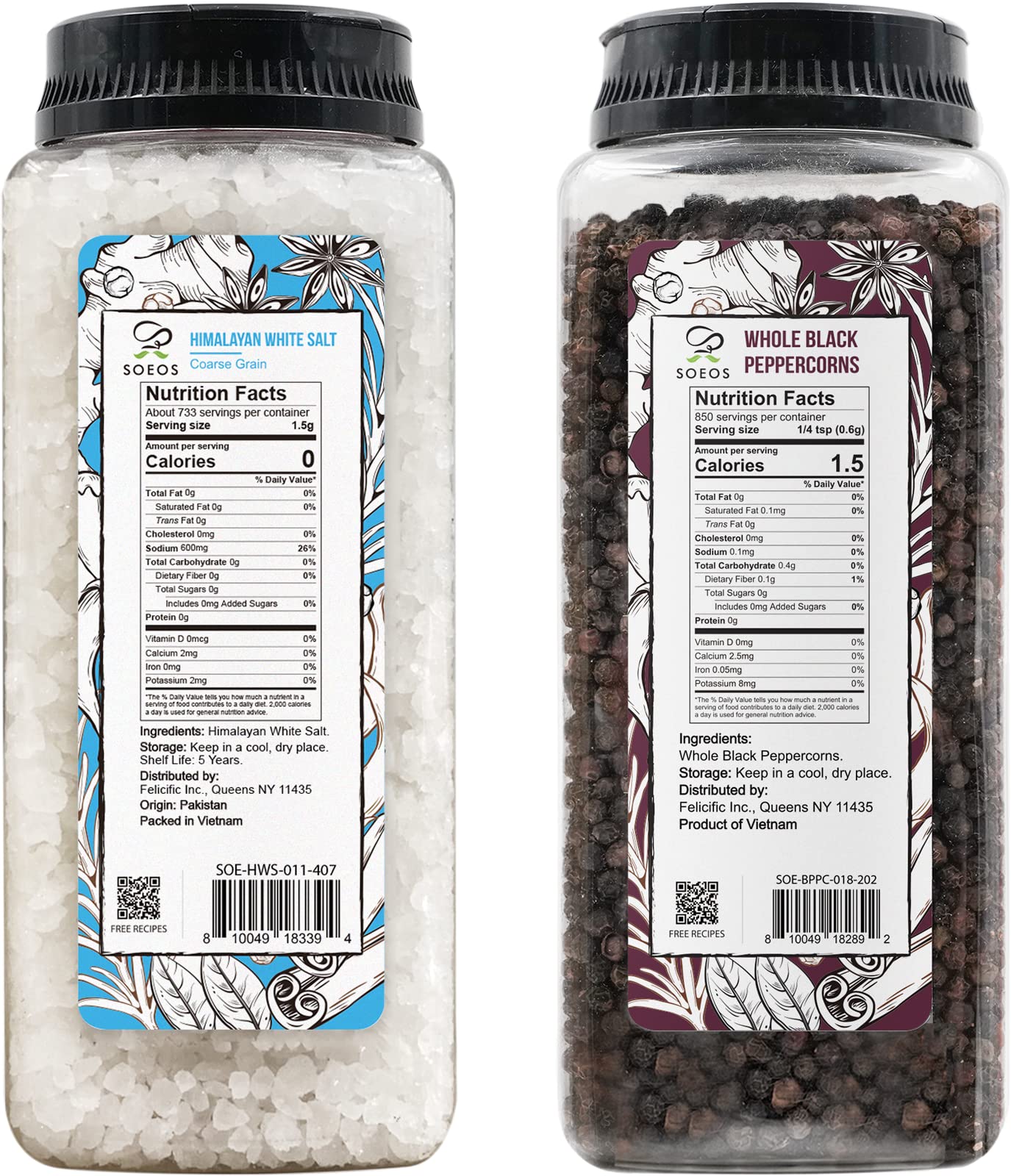 Soeos black peppercorns 18 oz bottle ready to crack for fresh aroma.