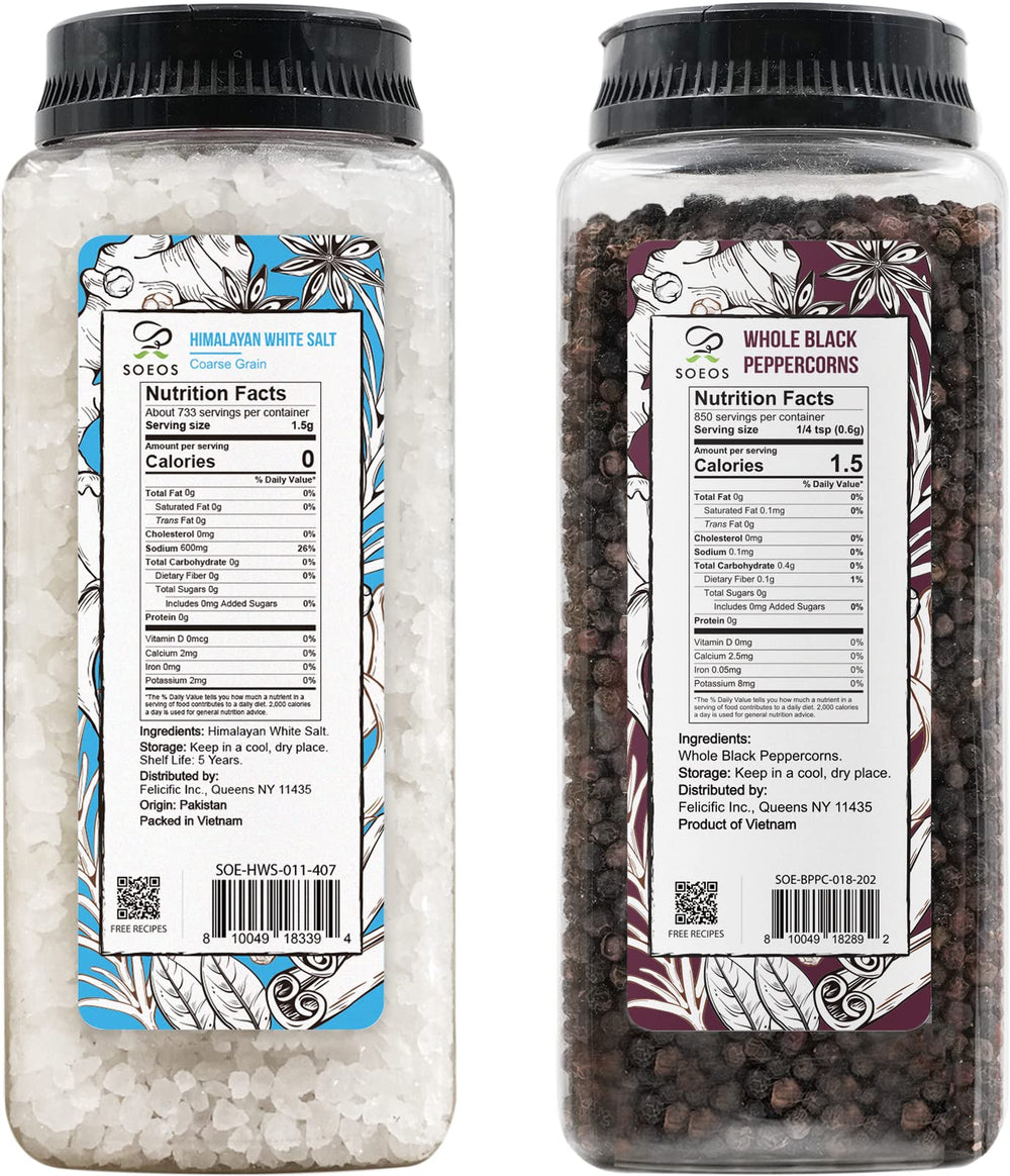 Soeos black peppercorns 18 oz bottle ready to crack for fresh aroma.