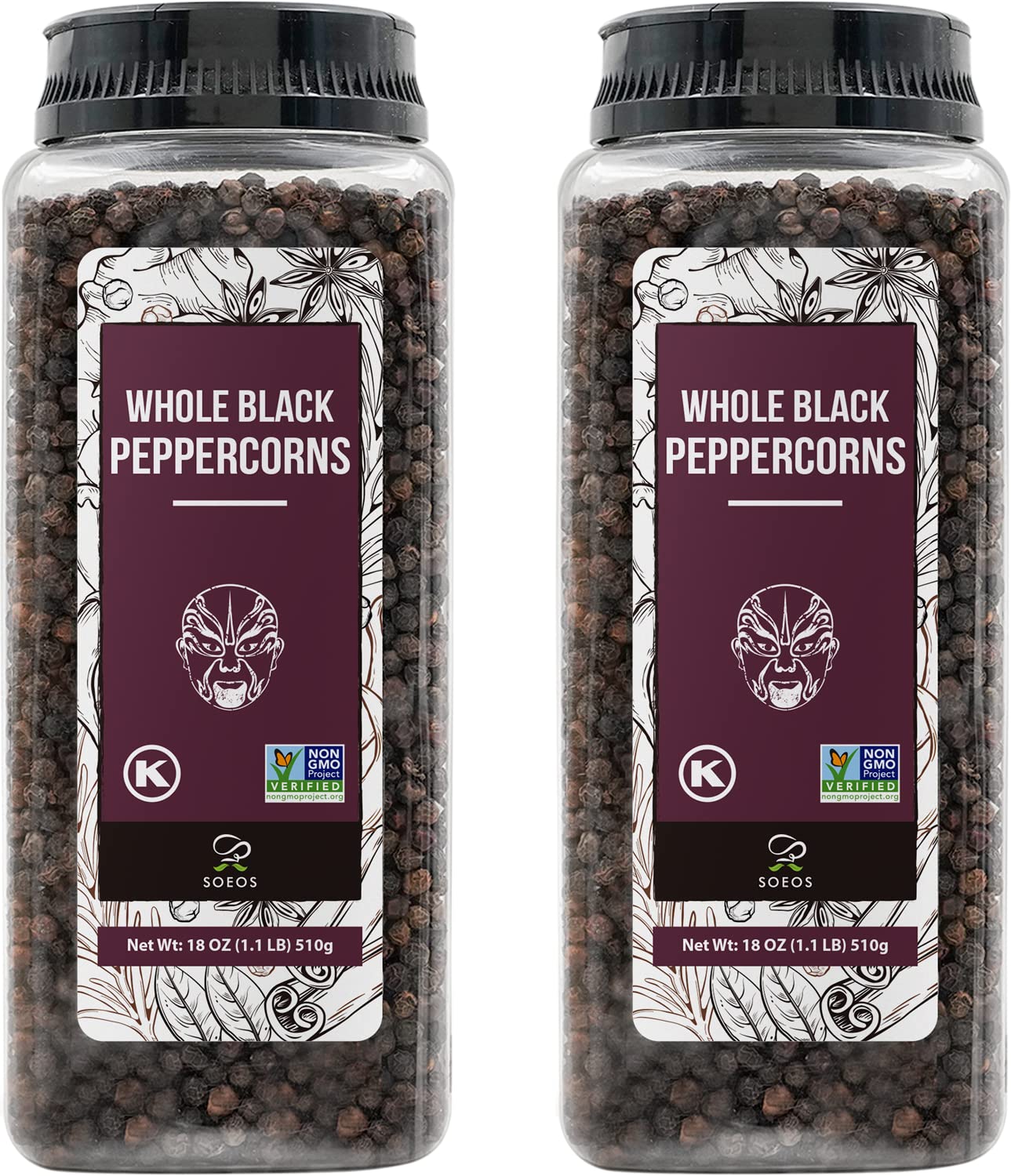 Soeos black peppercorns 18oz pack for vibrant, fresh seasoning in every recipe.