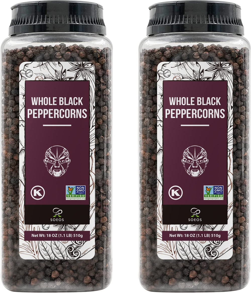 Soeos black peppercorns 18oz pack for vibrant, fresh seasoning in every recipe.