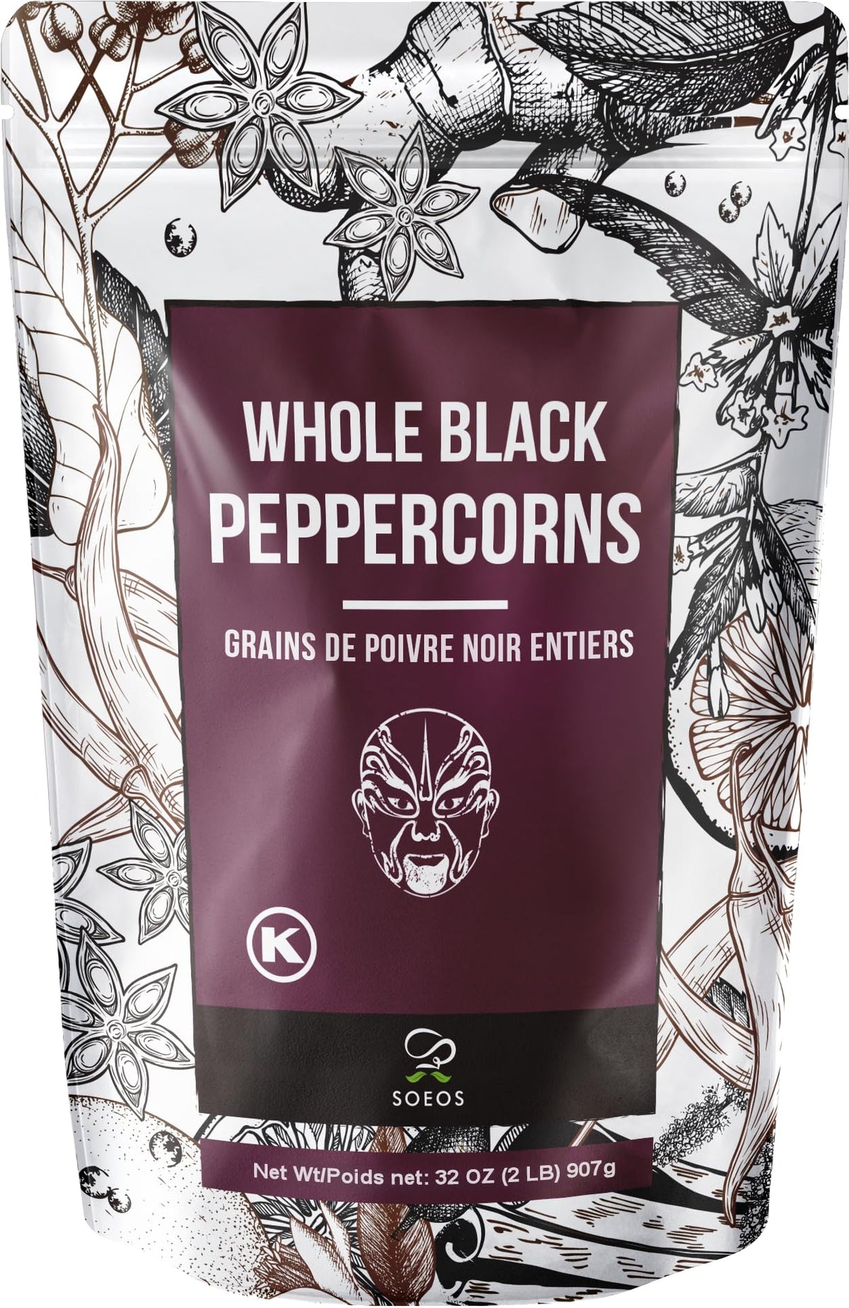 Soeos black peppercorns bag showing whole peppercorns for fresh grinder refills.