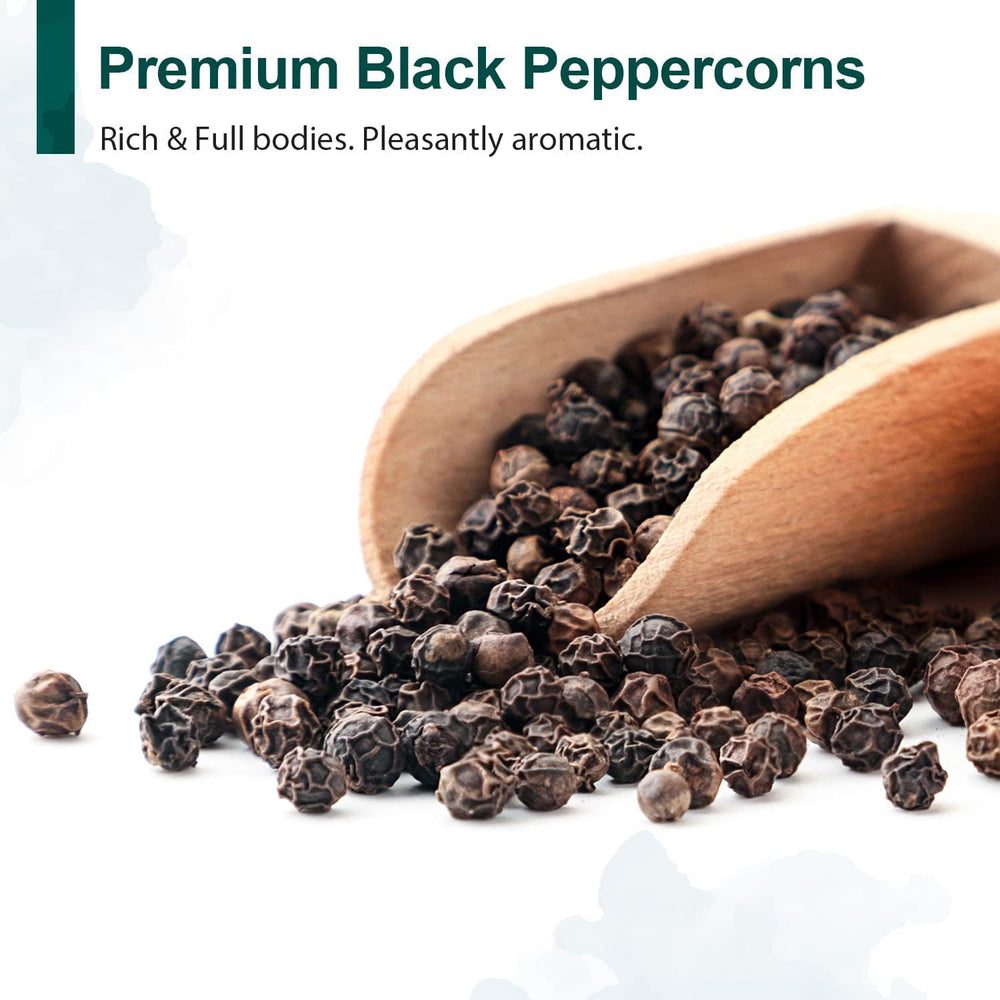 Soeos black peppercorns closeup with rich aroma for seasoning.