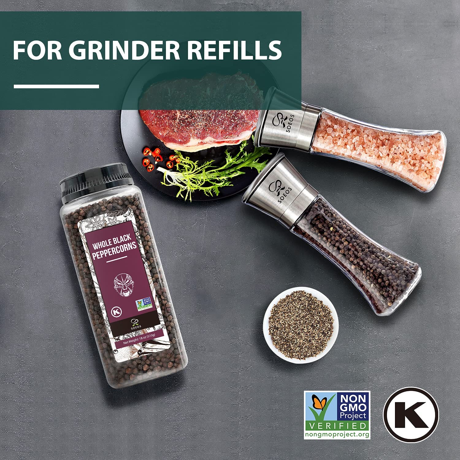 Soeos Black Peppercorns displayed in pantry shelf.