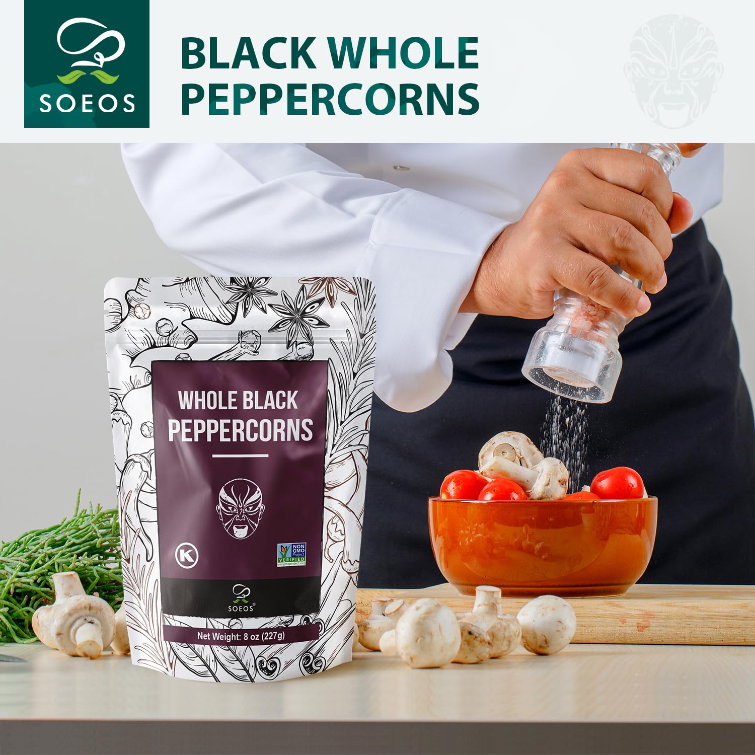 Soeos grinder-refill peppercorns for easy, precise seasoning.