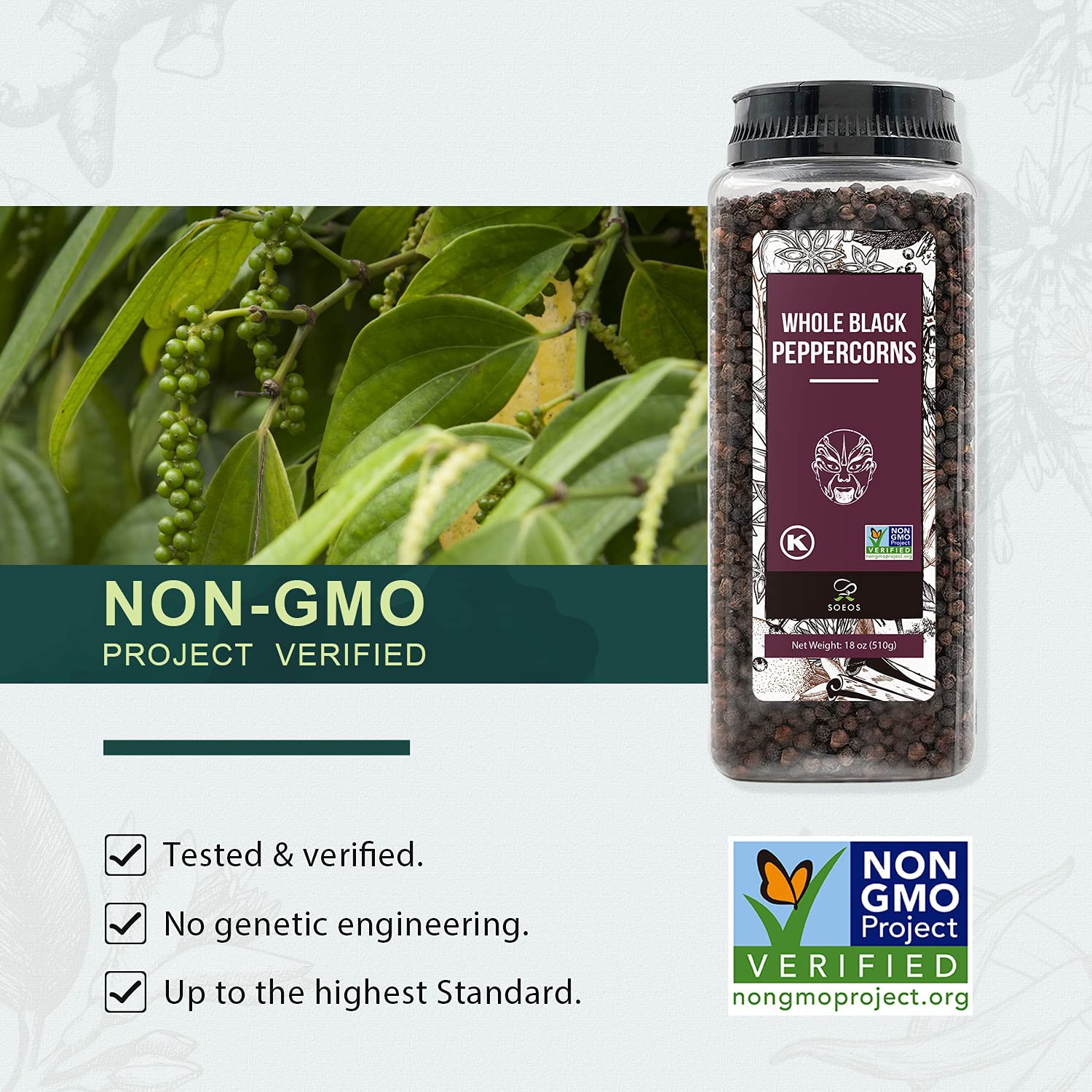 Soeos Black Peppercorns on spice rack for daily cooking.