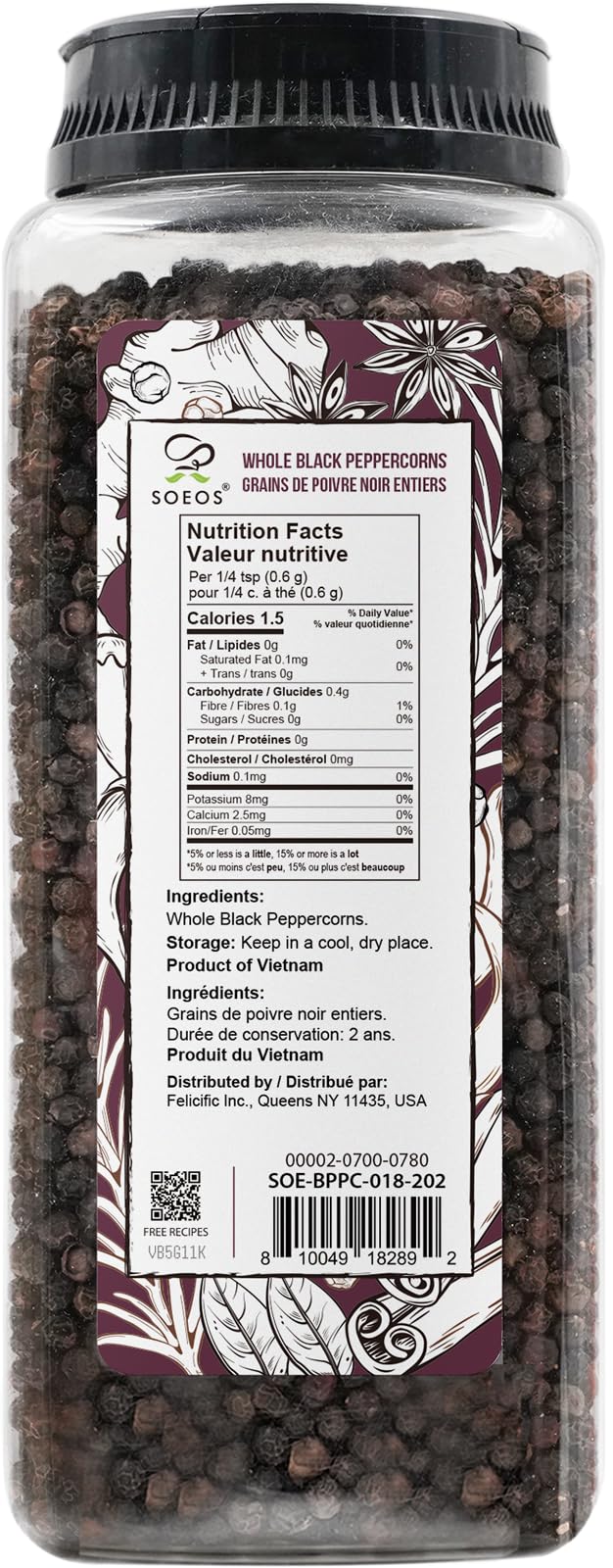 Soeos Black Peppercorns packaging label on front.