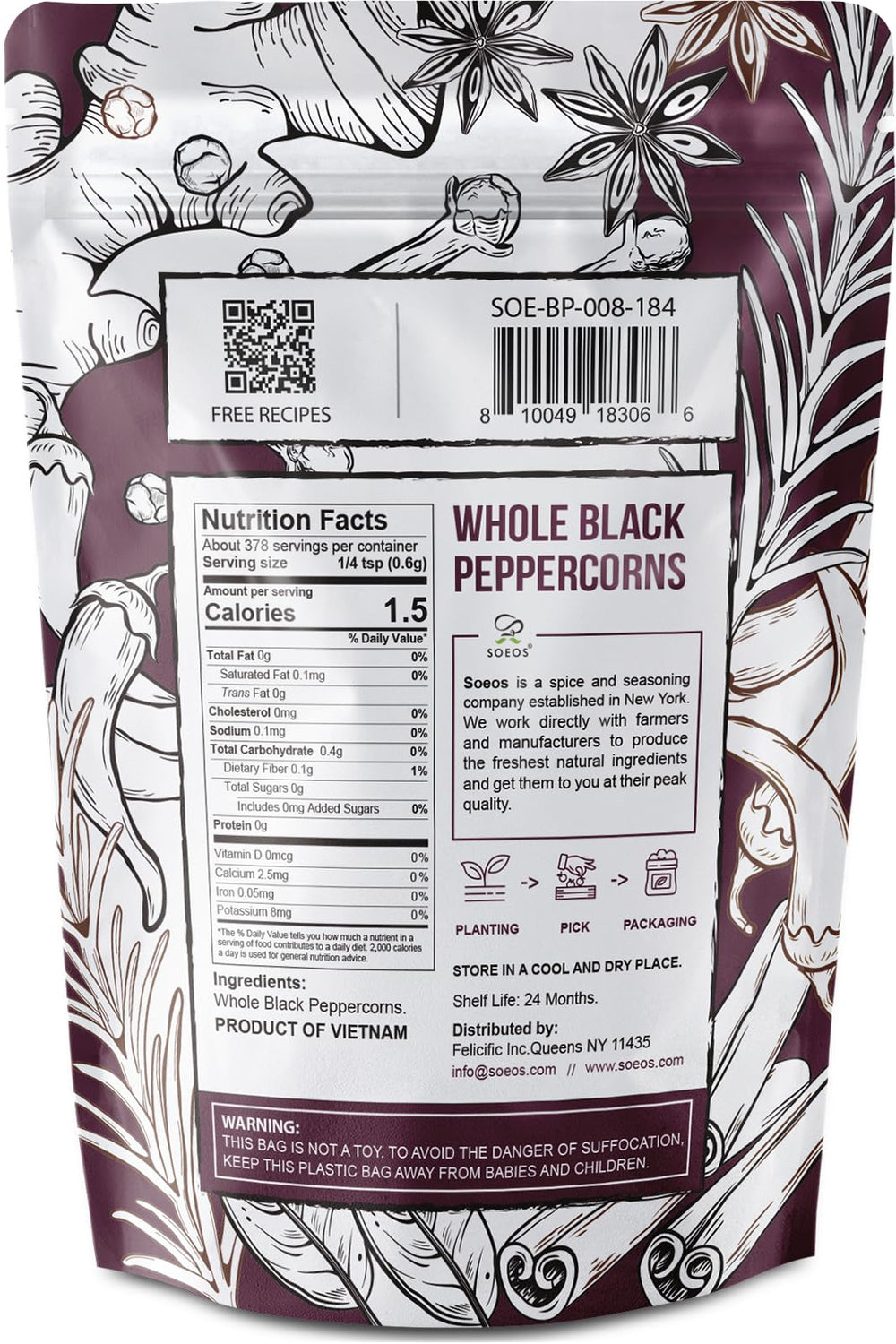 Soeos peppercorns in resealable pouch preserves freshness between uses.