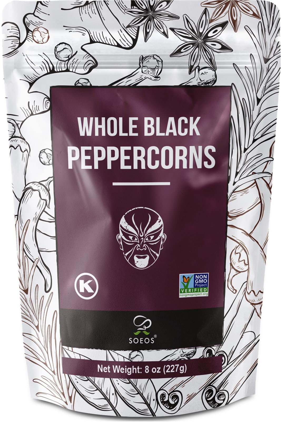 Soeos Black Peppercorns whole 8oz for fresh-grind flavor in dishes.