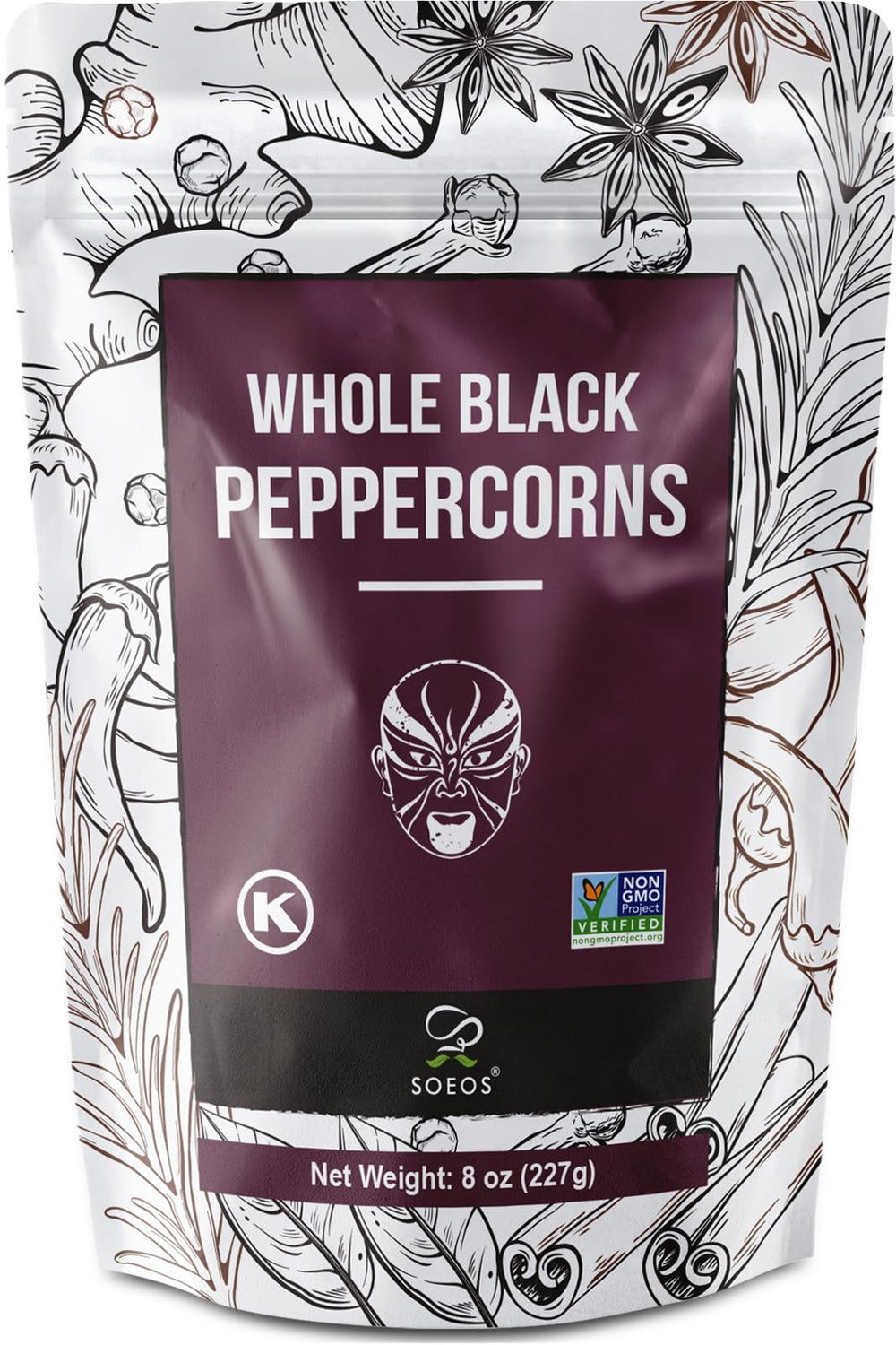 Soeos Black Peppercorns whole 8oz for fresh-grind flavor in dishes.
