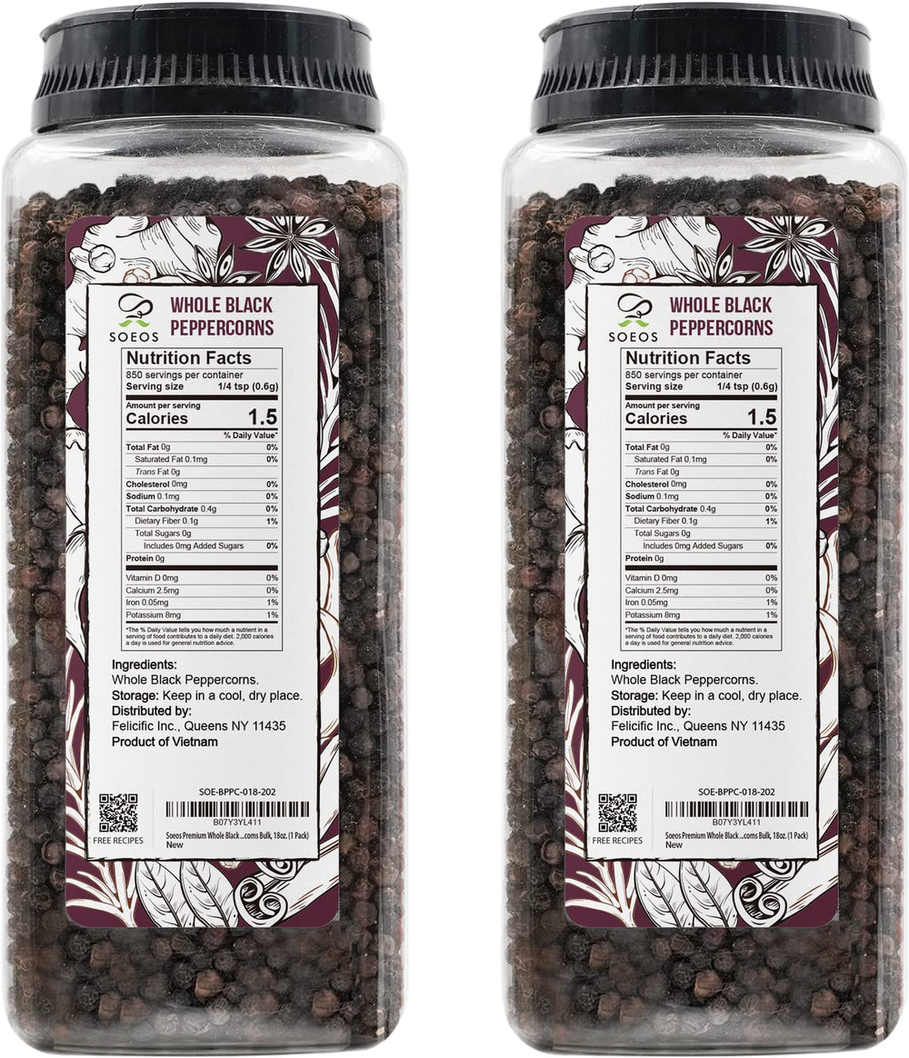 Soeos black peppercorns whole peppercorns for grind-at-table convenience.