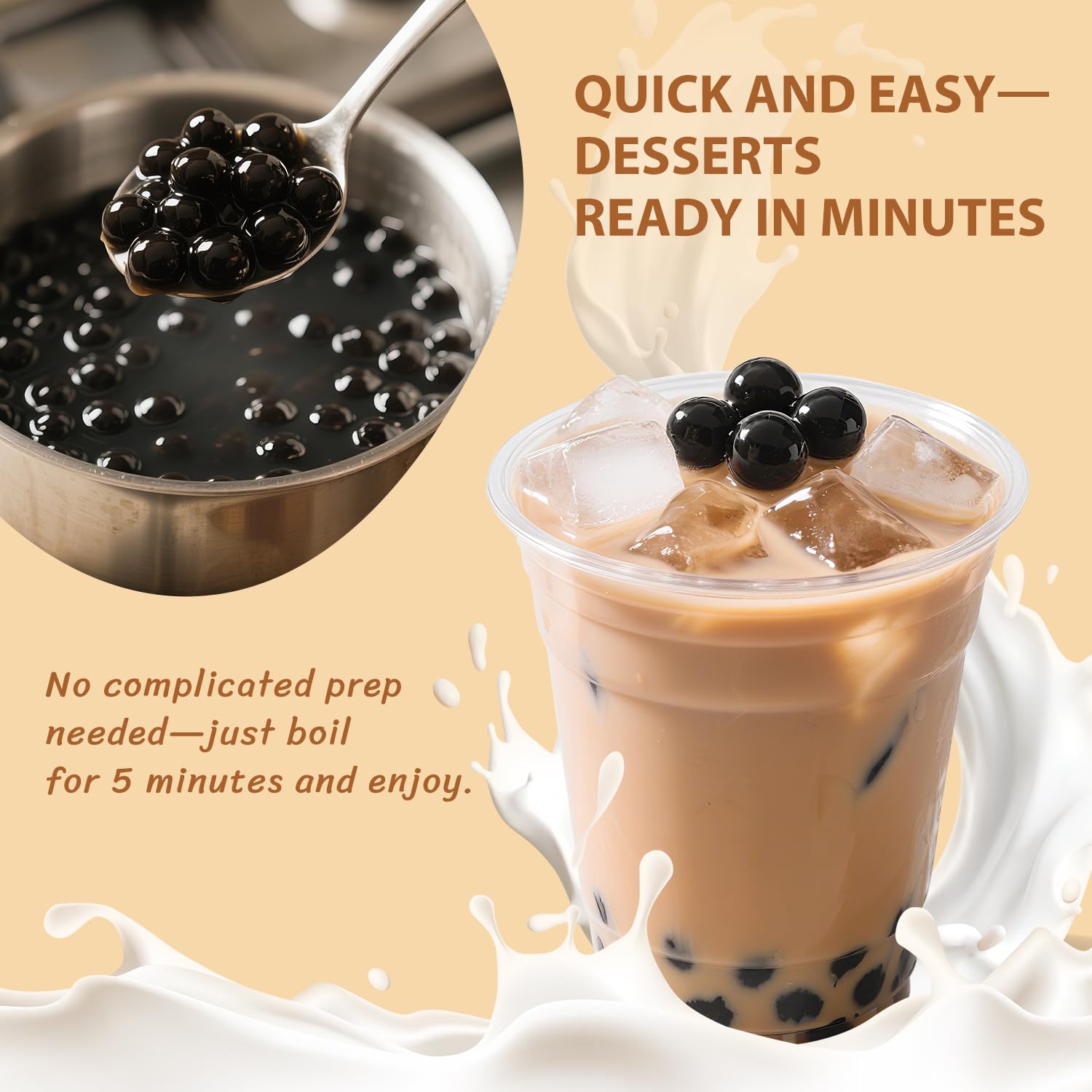 Soeos black sugar pearls in a tea cup highlighting flavor.