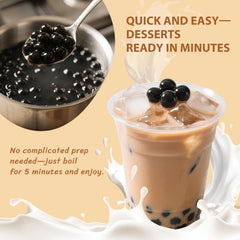 Soeos black sugar pearls in a tea cup highlighting flavor.