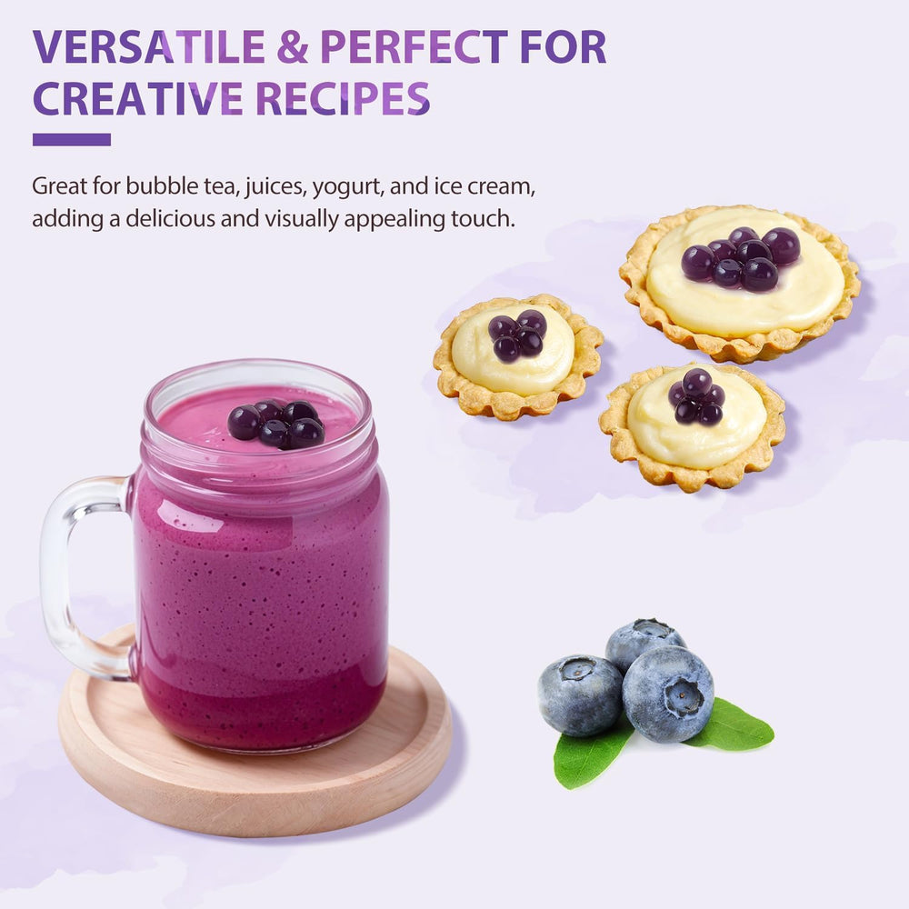 A vibrant Soeos beverage with Blueberry Popping Boba for visual appeal.