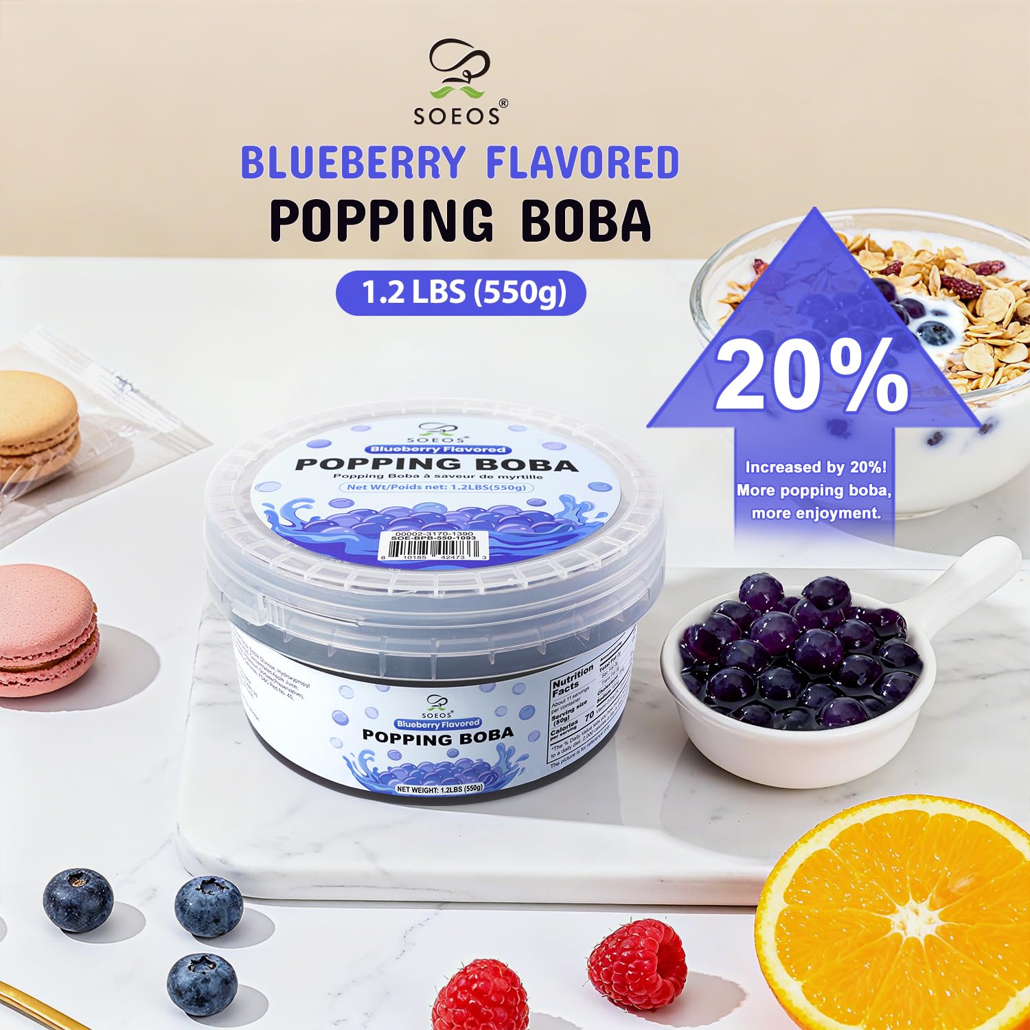Soeos Blueberry Popping Boba jar shown as frozen yogurt topping