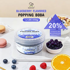 Soeos Blueberry Popping Boba jar shown as frozen yogurt topping