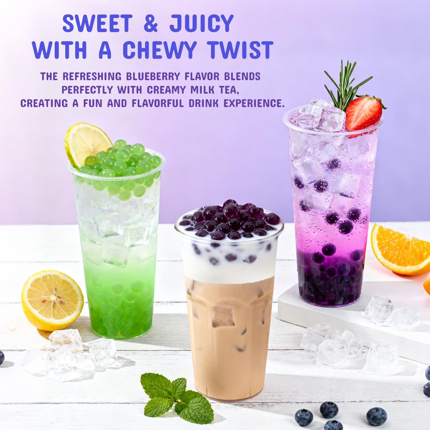 Soeos popping boba close-up highlighting juicy blueberry center