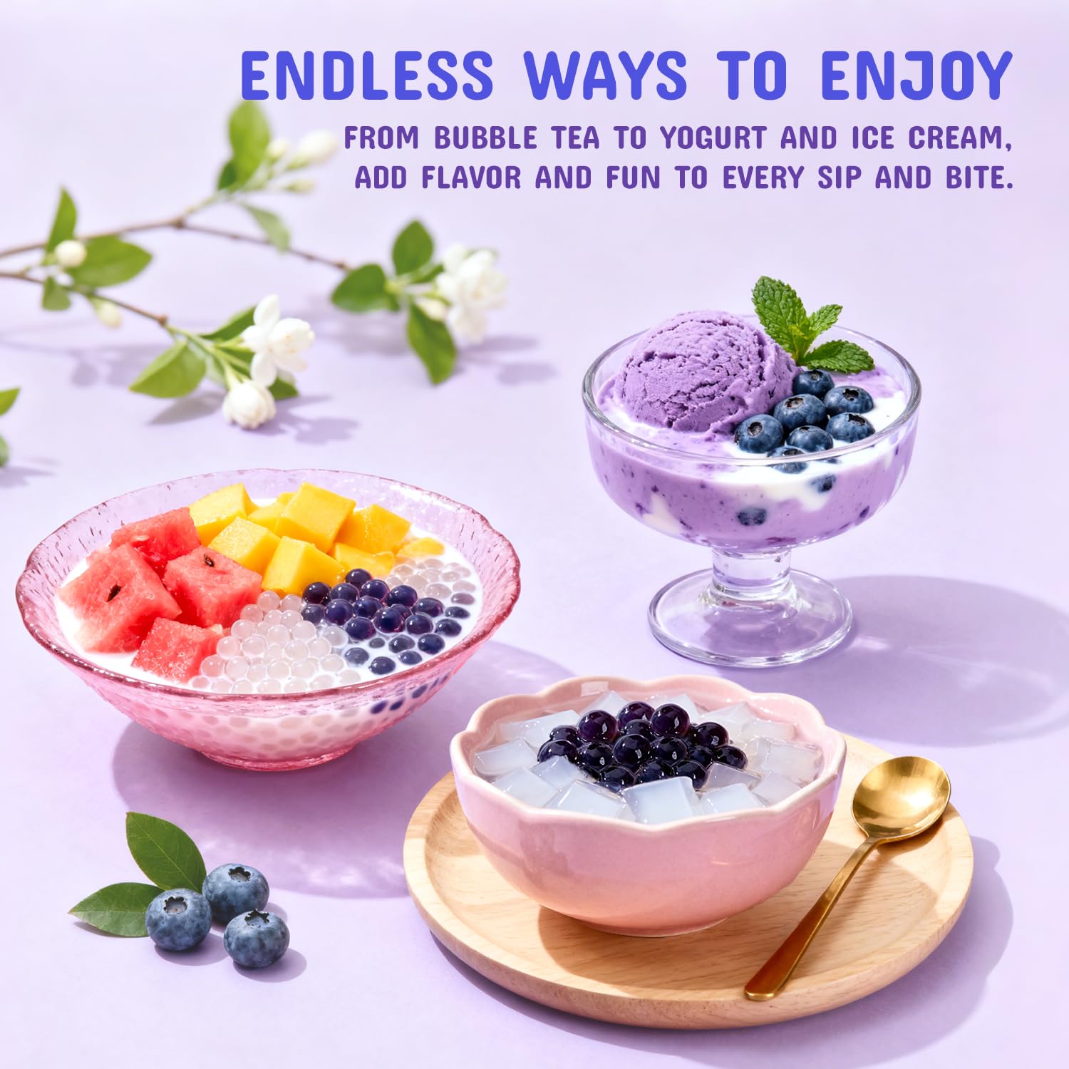Soeos Blueberry Popping Boba served with cocktails and shakes