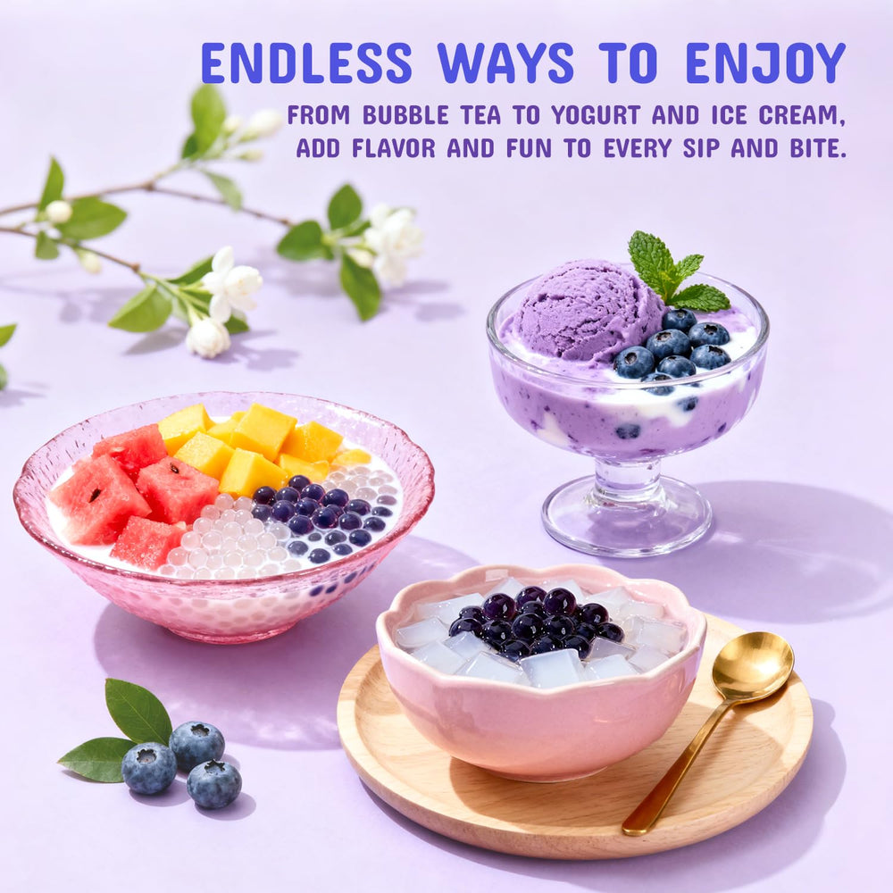 Soeos Blueberry Popping Boba served with cocktails and shakes