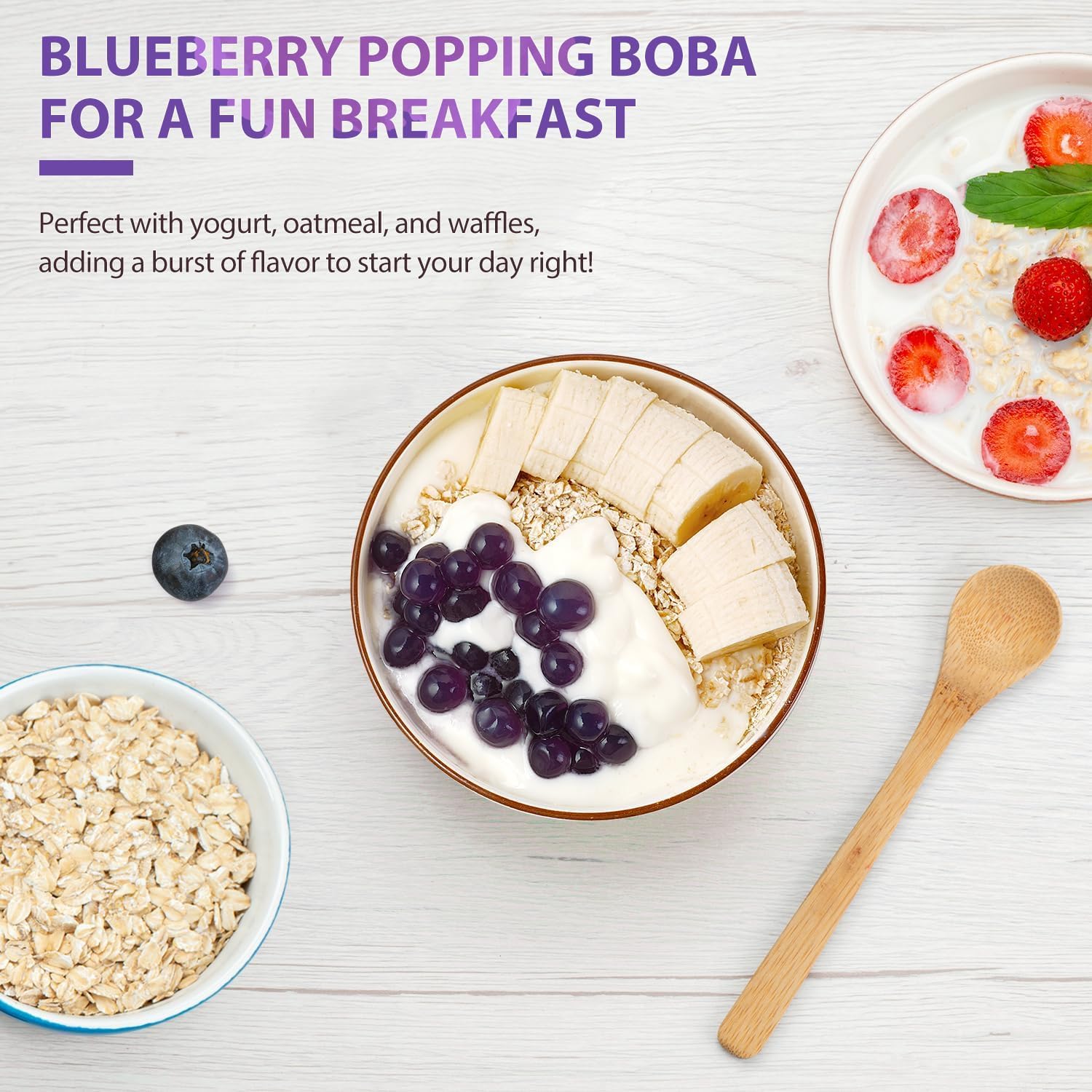Soeos Blueberry Popping Boba topping a scoop of ice cream.